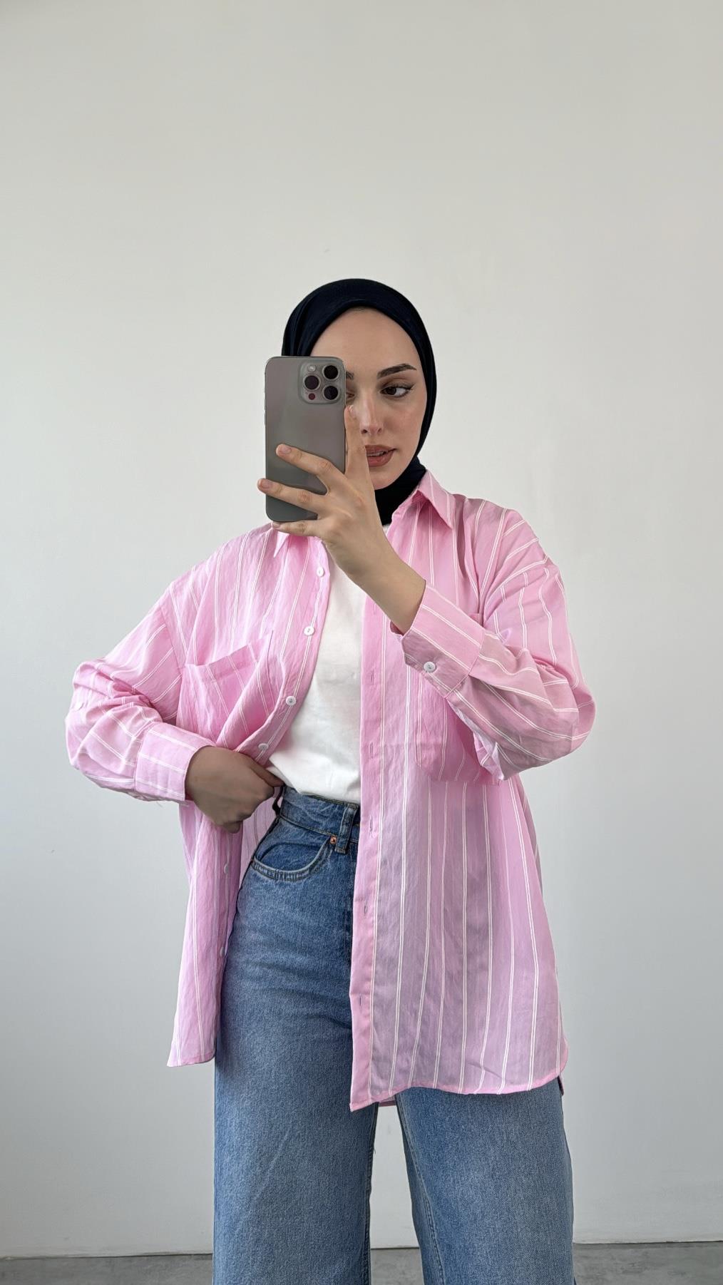 Çift Cep Çizgili Pembe Gömlek