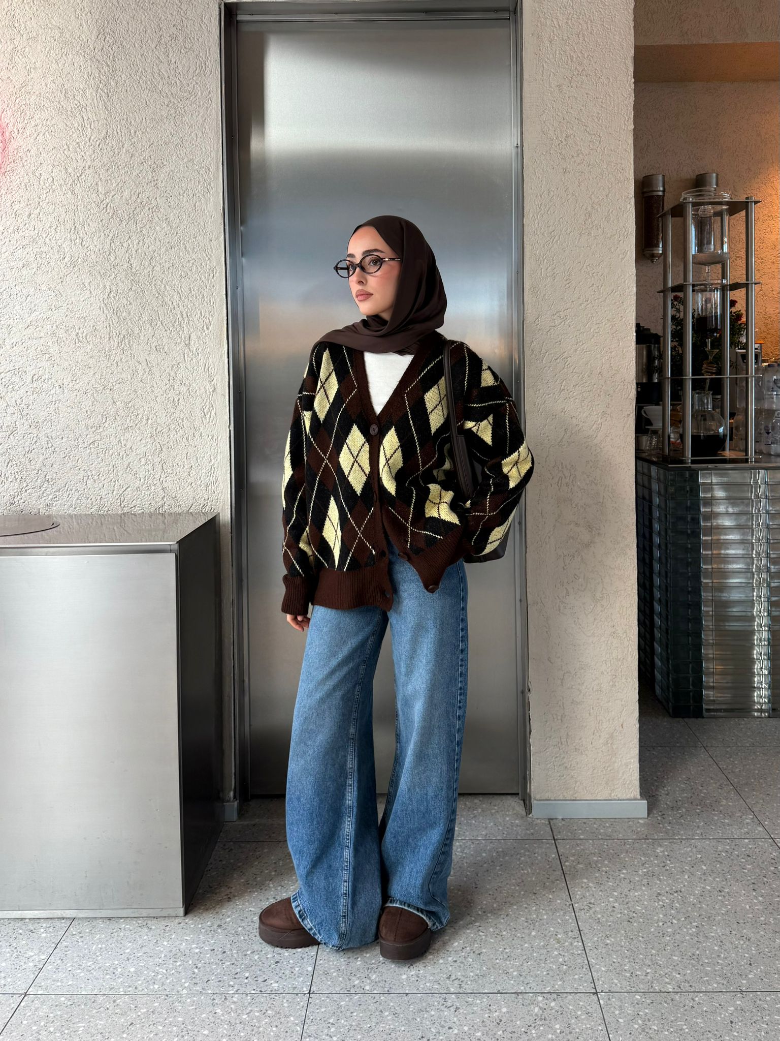 Baklava Jakarlı Hırka Kahve/Sarı