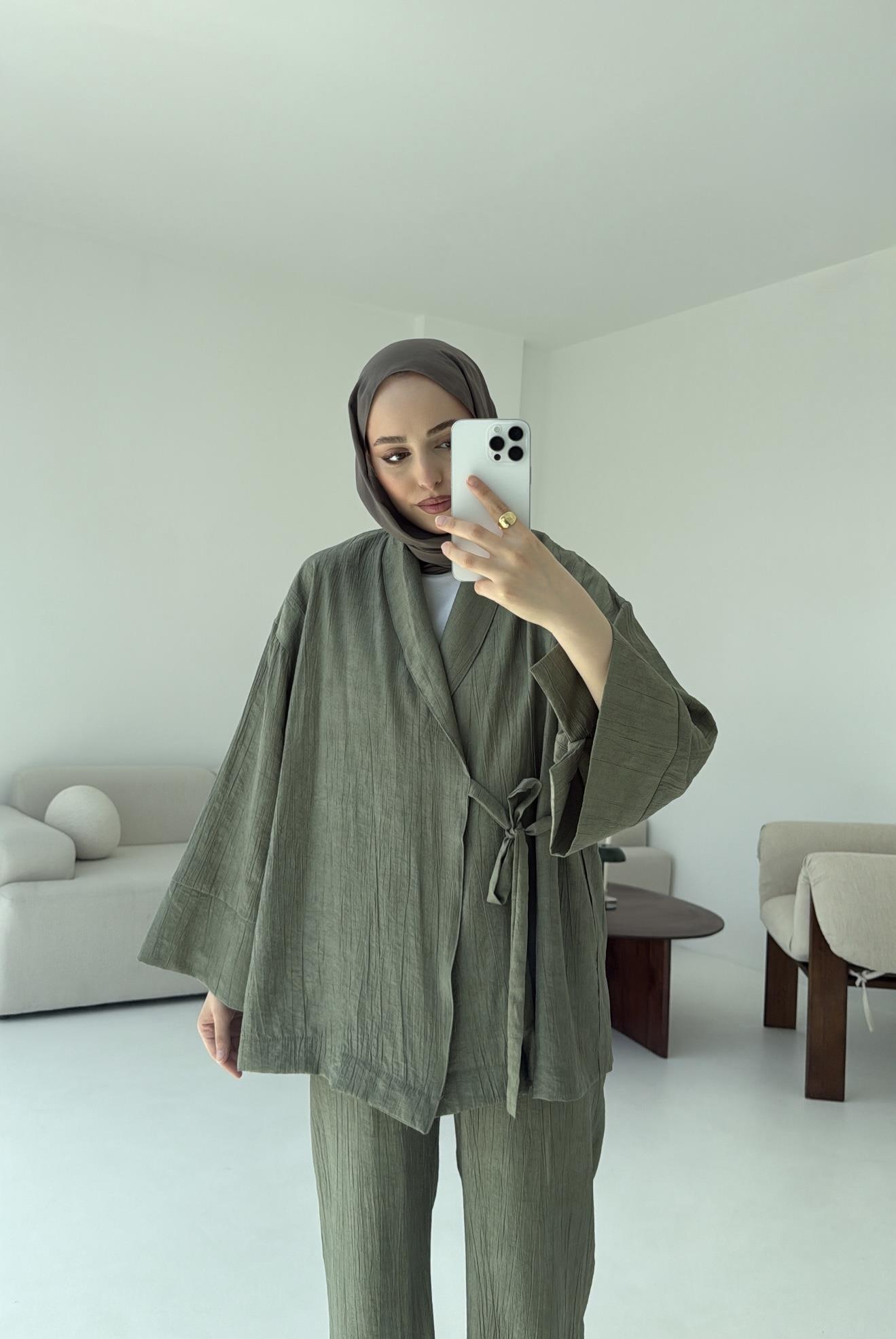 Haki Yandan Baglamalı Kimono Takım