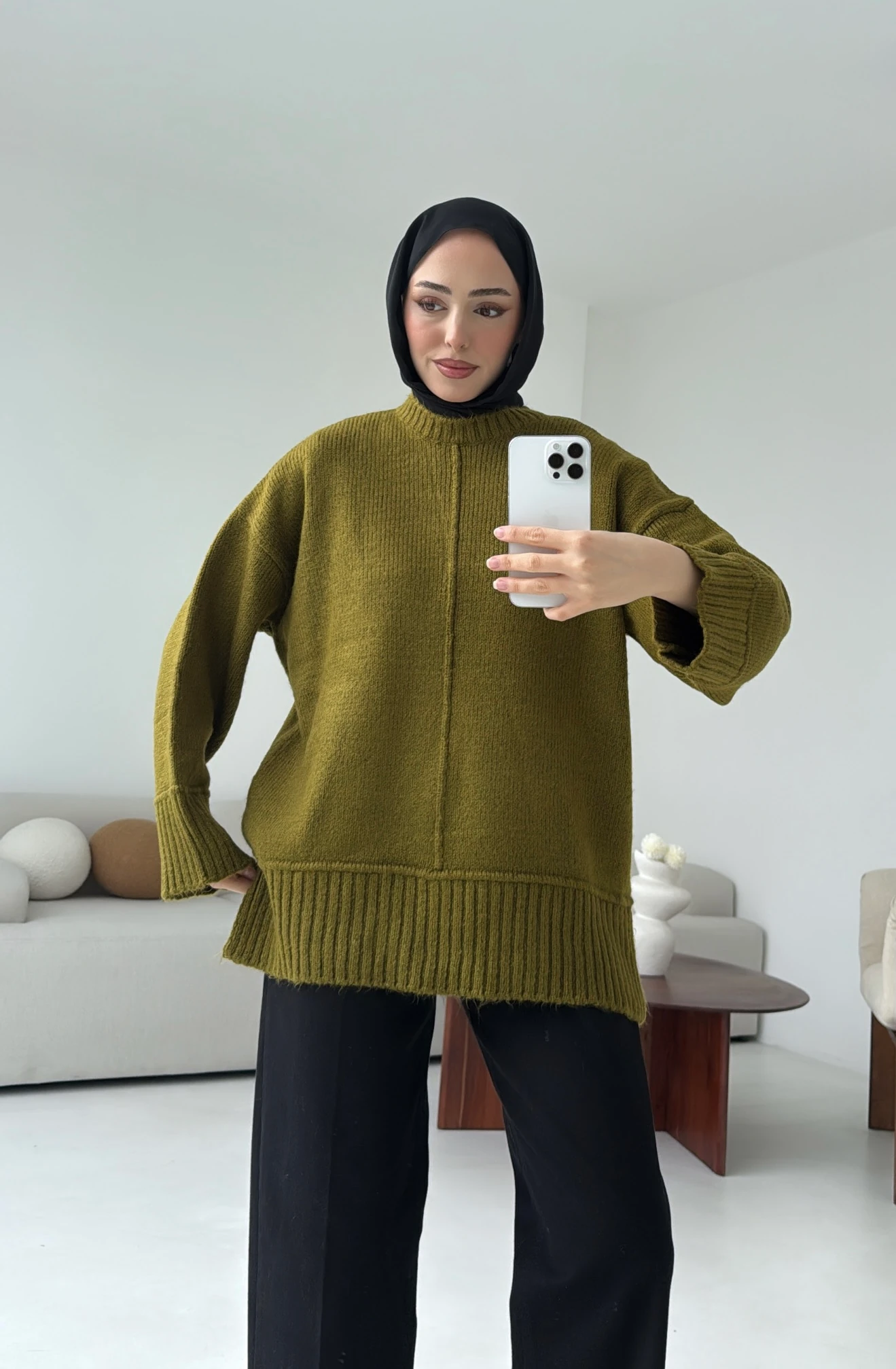 Kalın Manşet Kazak Zeytin Yeşili