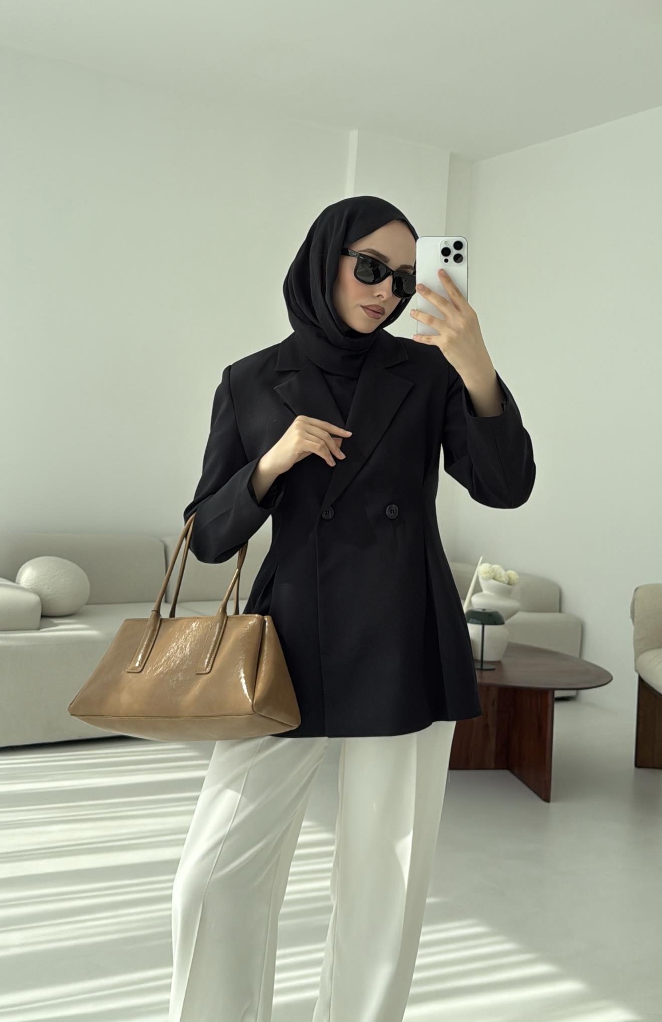 Pile Detay Blazer Ceket Siyah