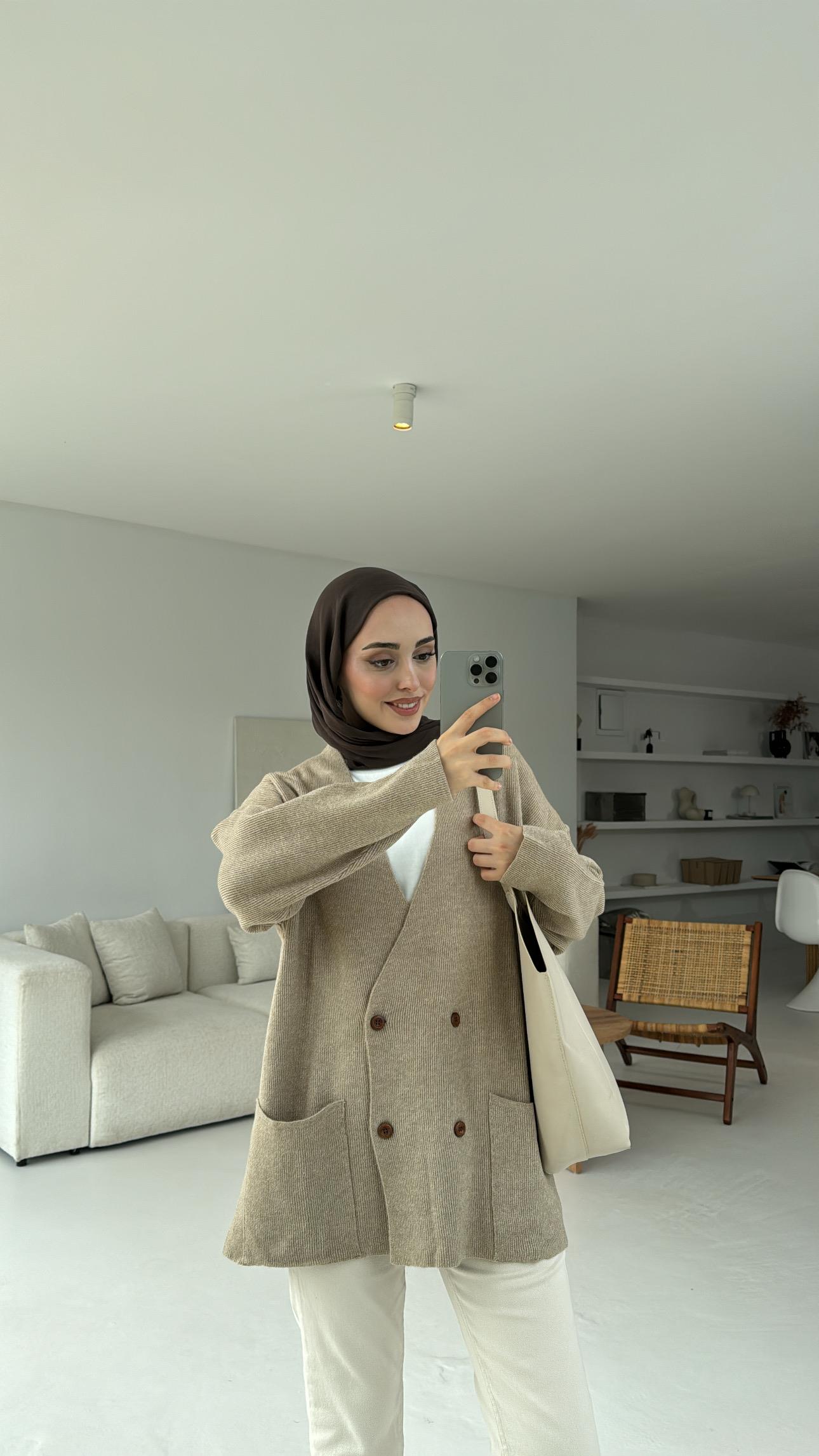 Düğmeli Cepli Triko Hırka Vizon