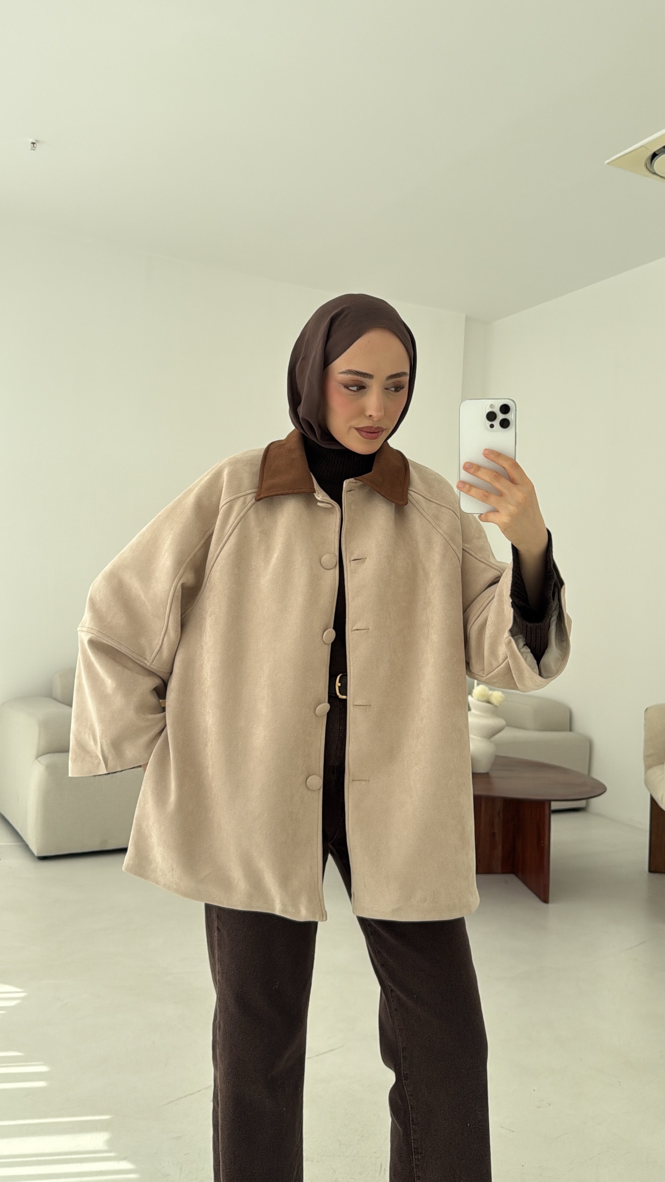 Nubuk Kontrast Yaka Ceket Bej