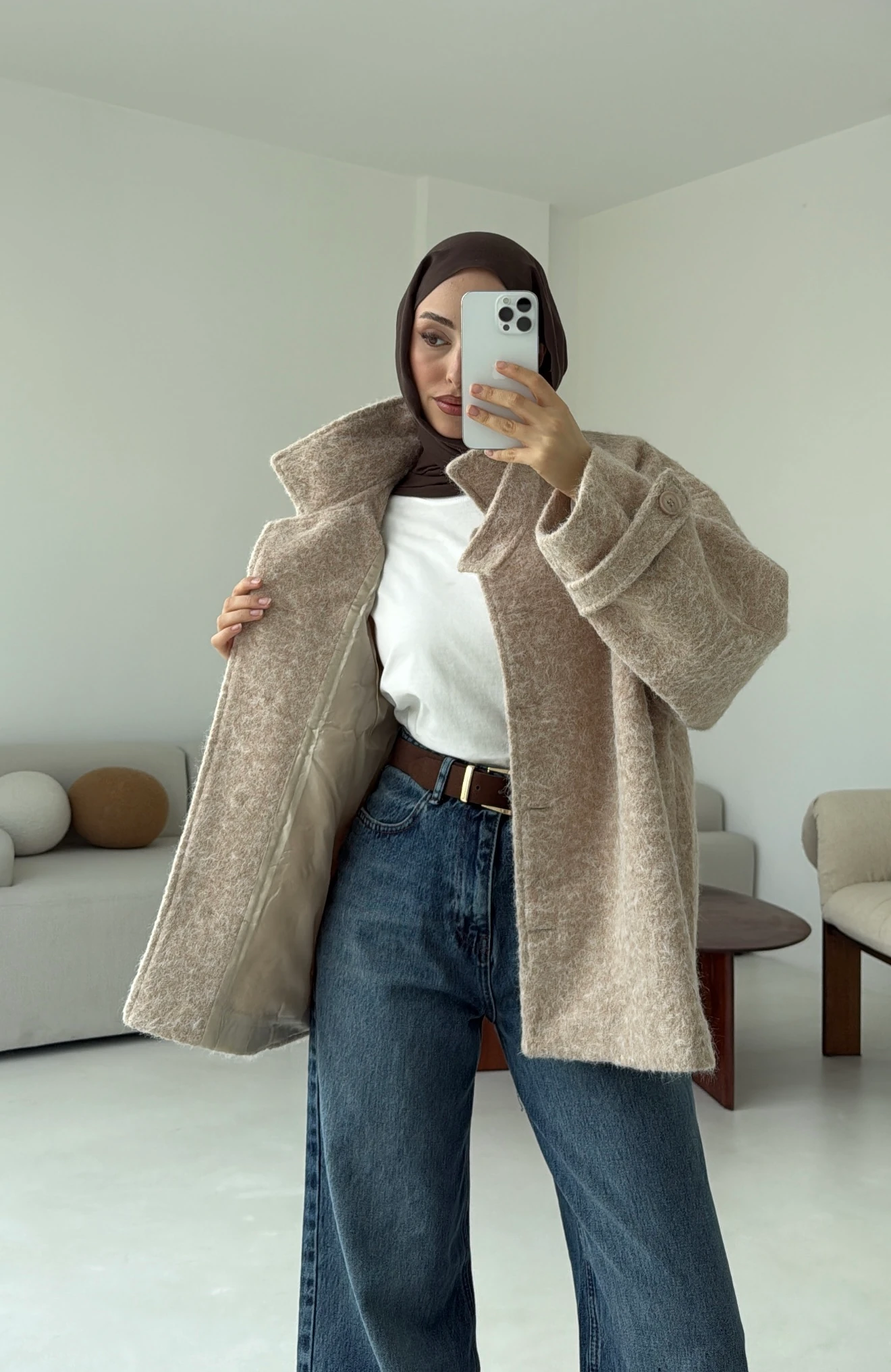 Boucle Yaka Detay Kaban Bej