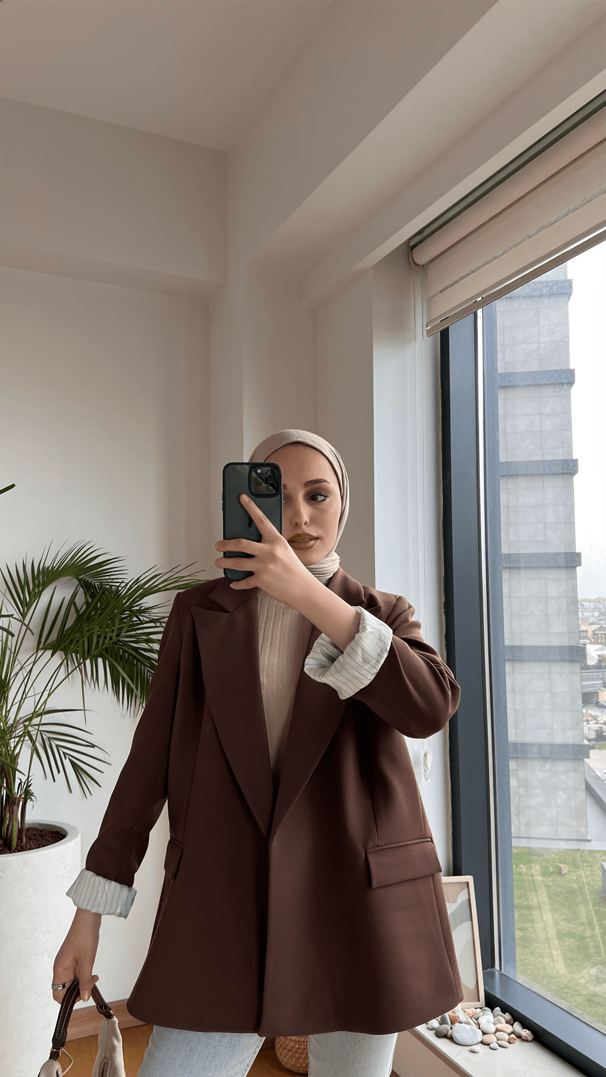 İç Astarı Çizgili Blazer Ceket Kahve