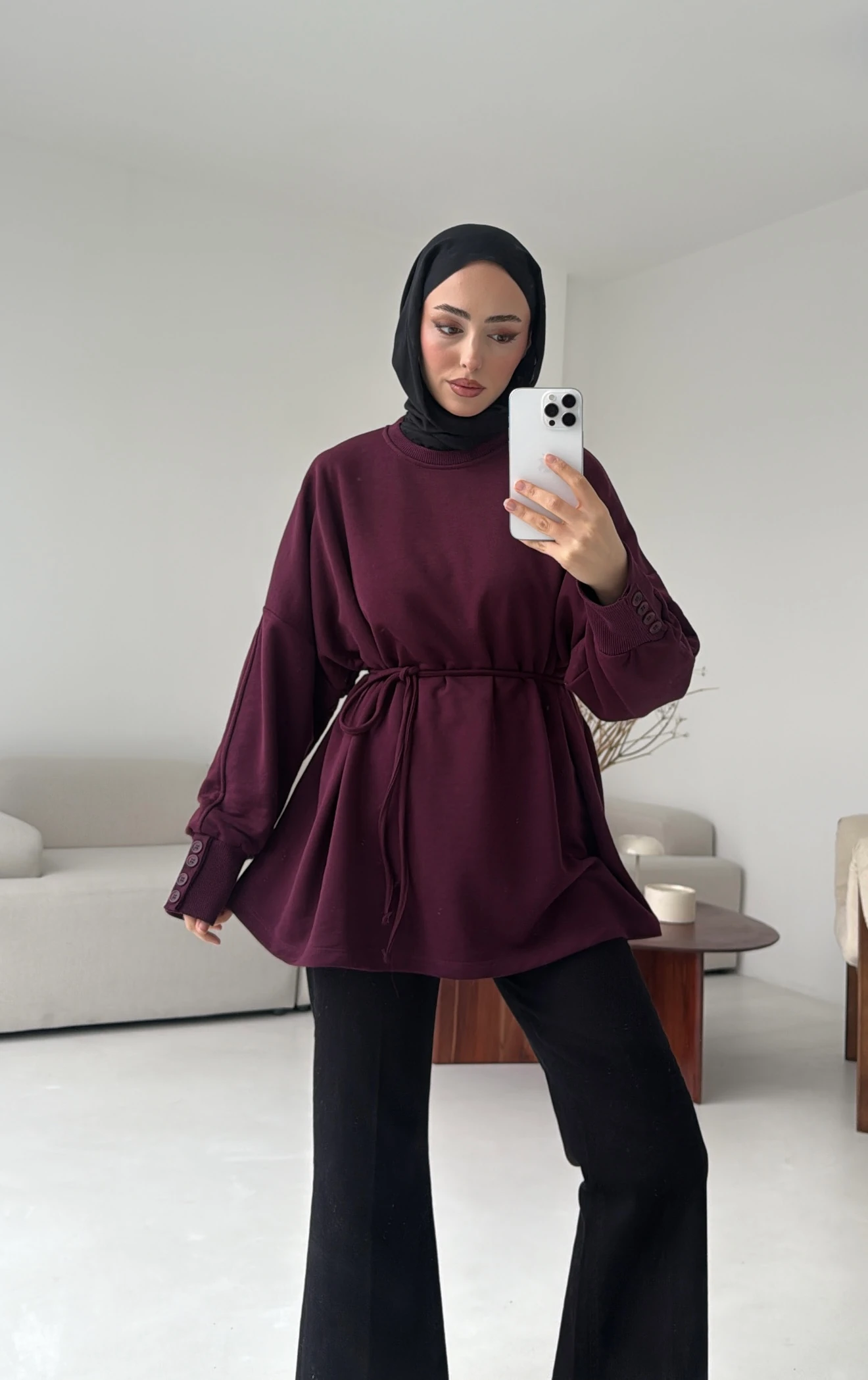 Manşeti Düğme Detay Swearshirt Bordo