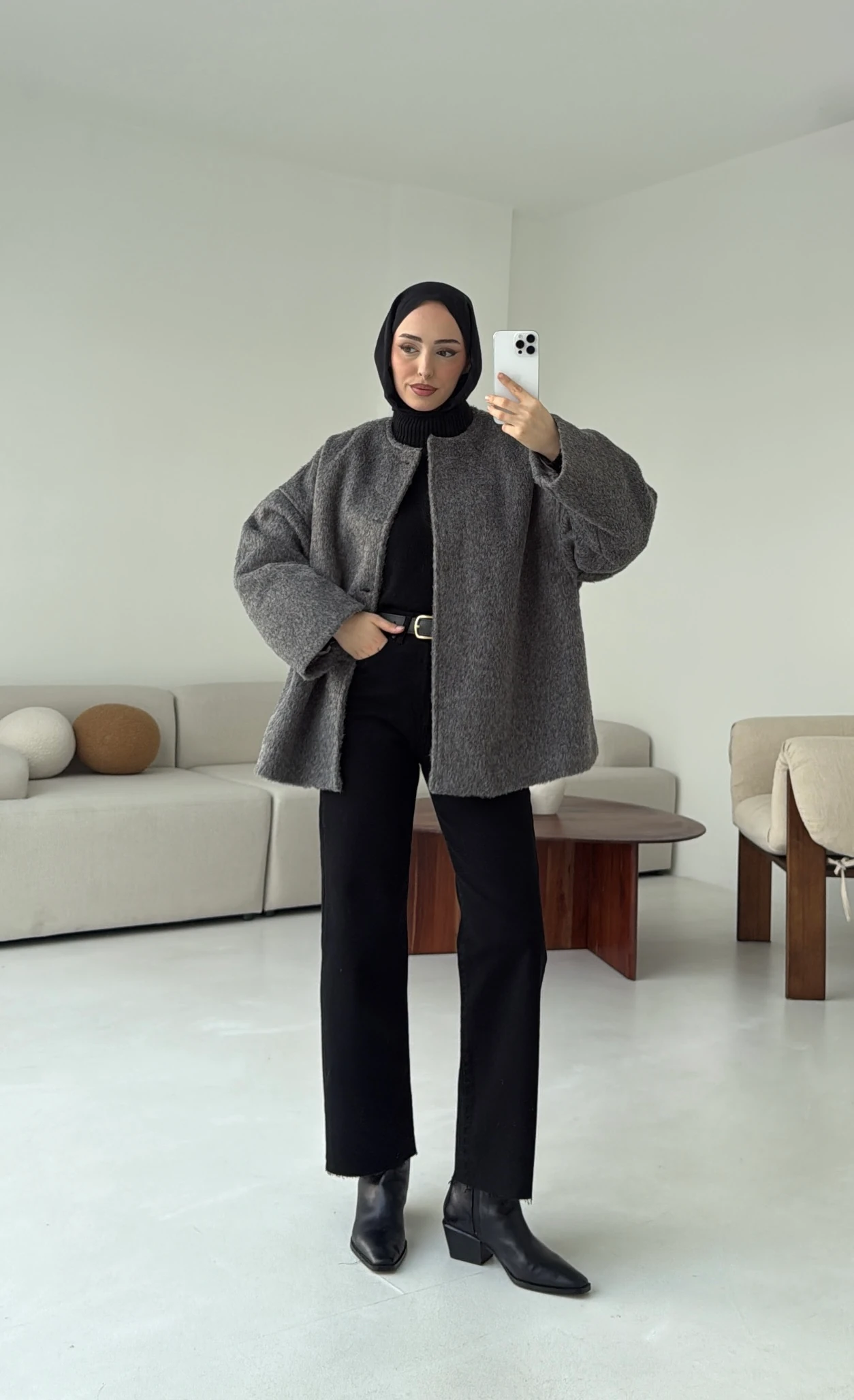 Gizli Düğmeli Kaban Gri