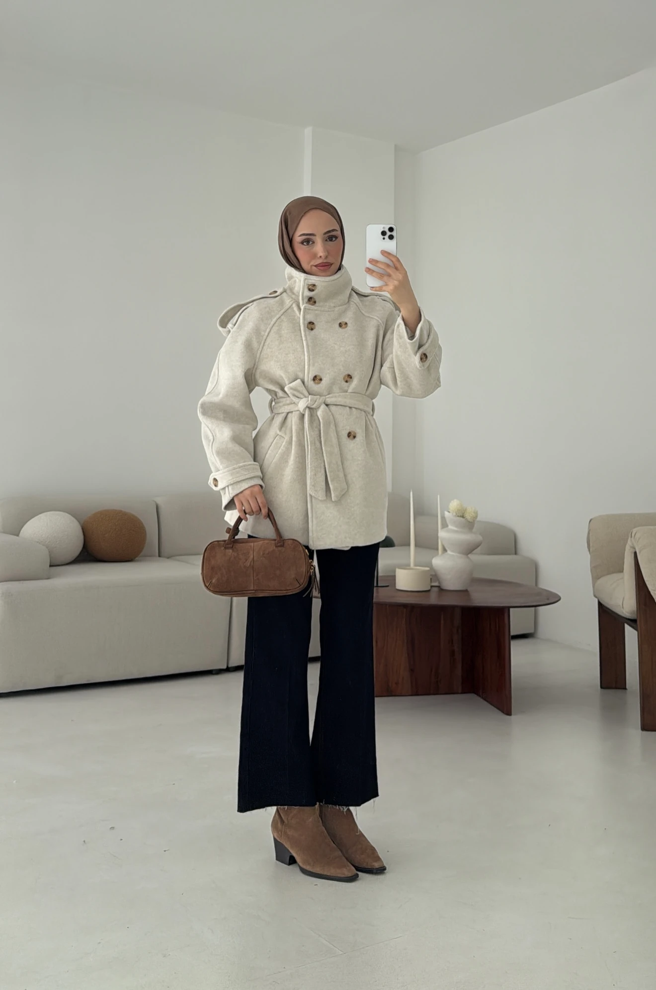 Kuşaklı Oversize Kaşe Kaban Bej