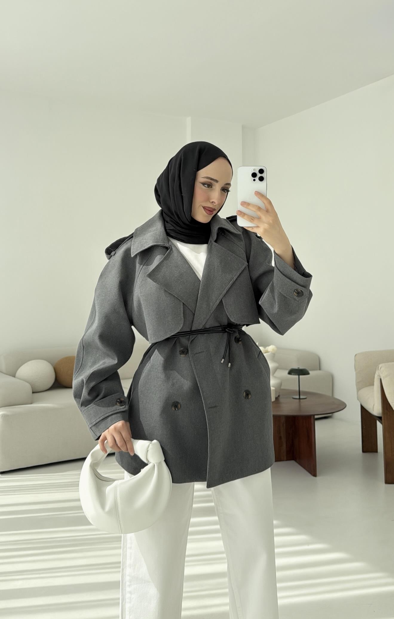 Deri Kemerli Trençkot Gri