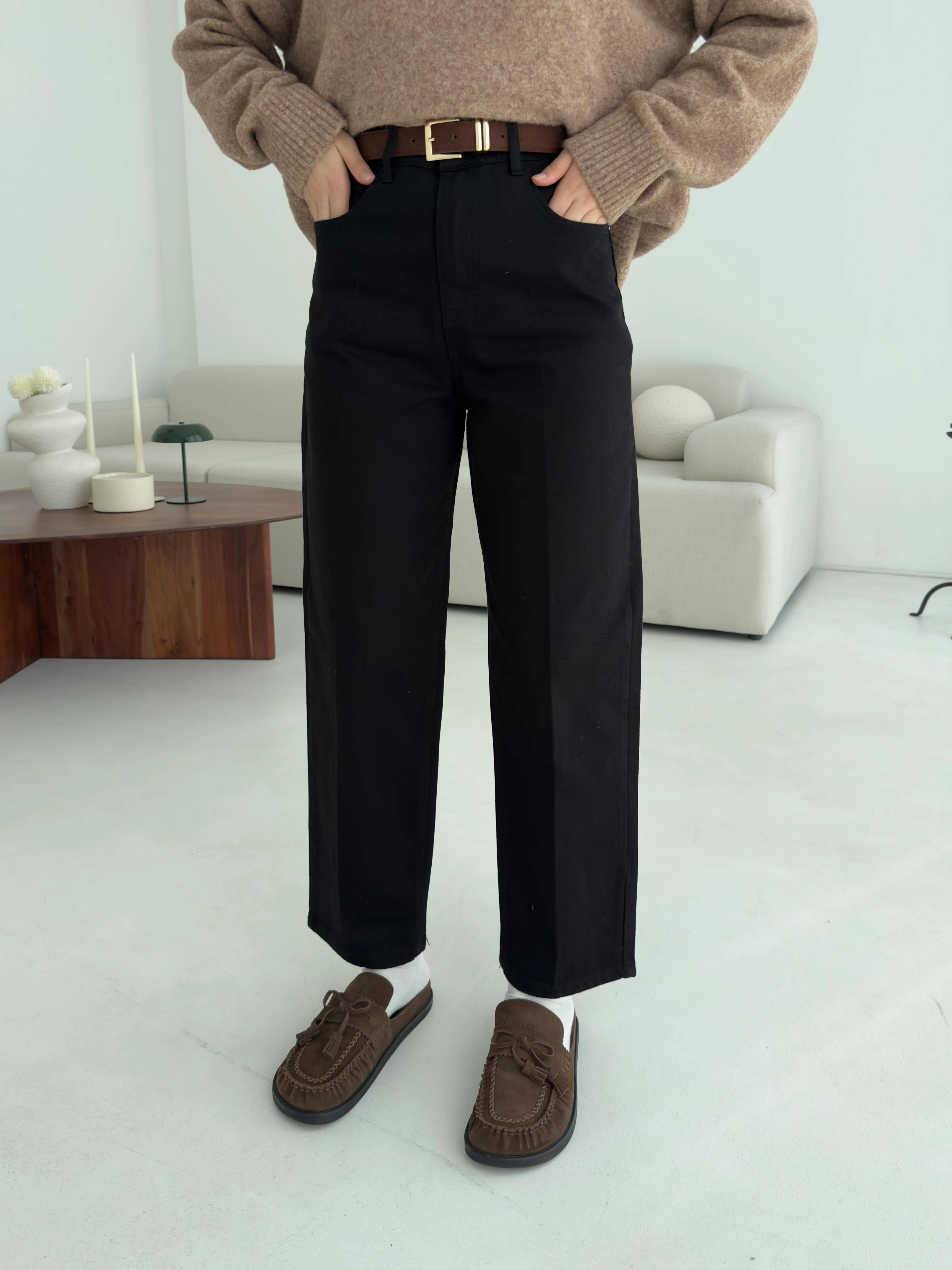 Siyah Kemerli Mom Jean