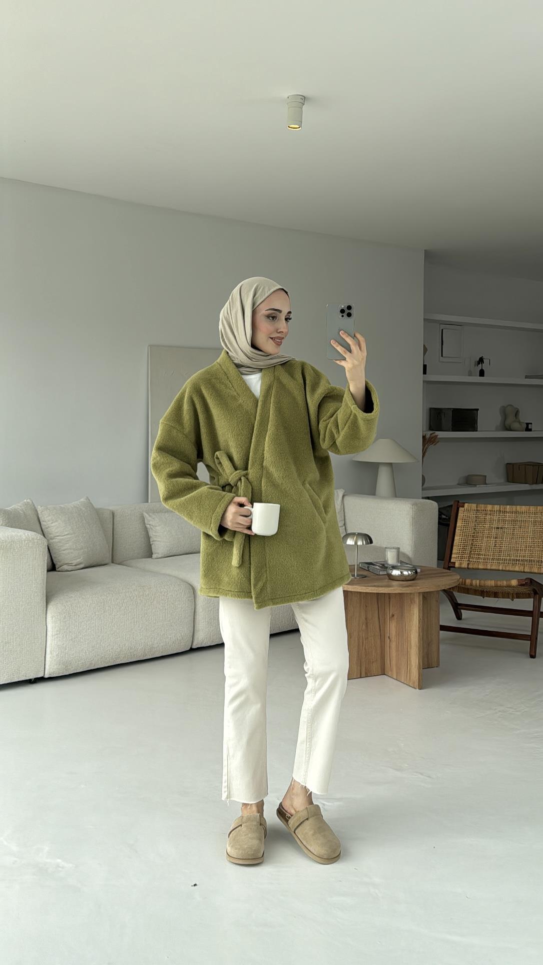 Yandan Bağlamalı Peluş Mont Yeşil