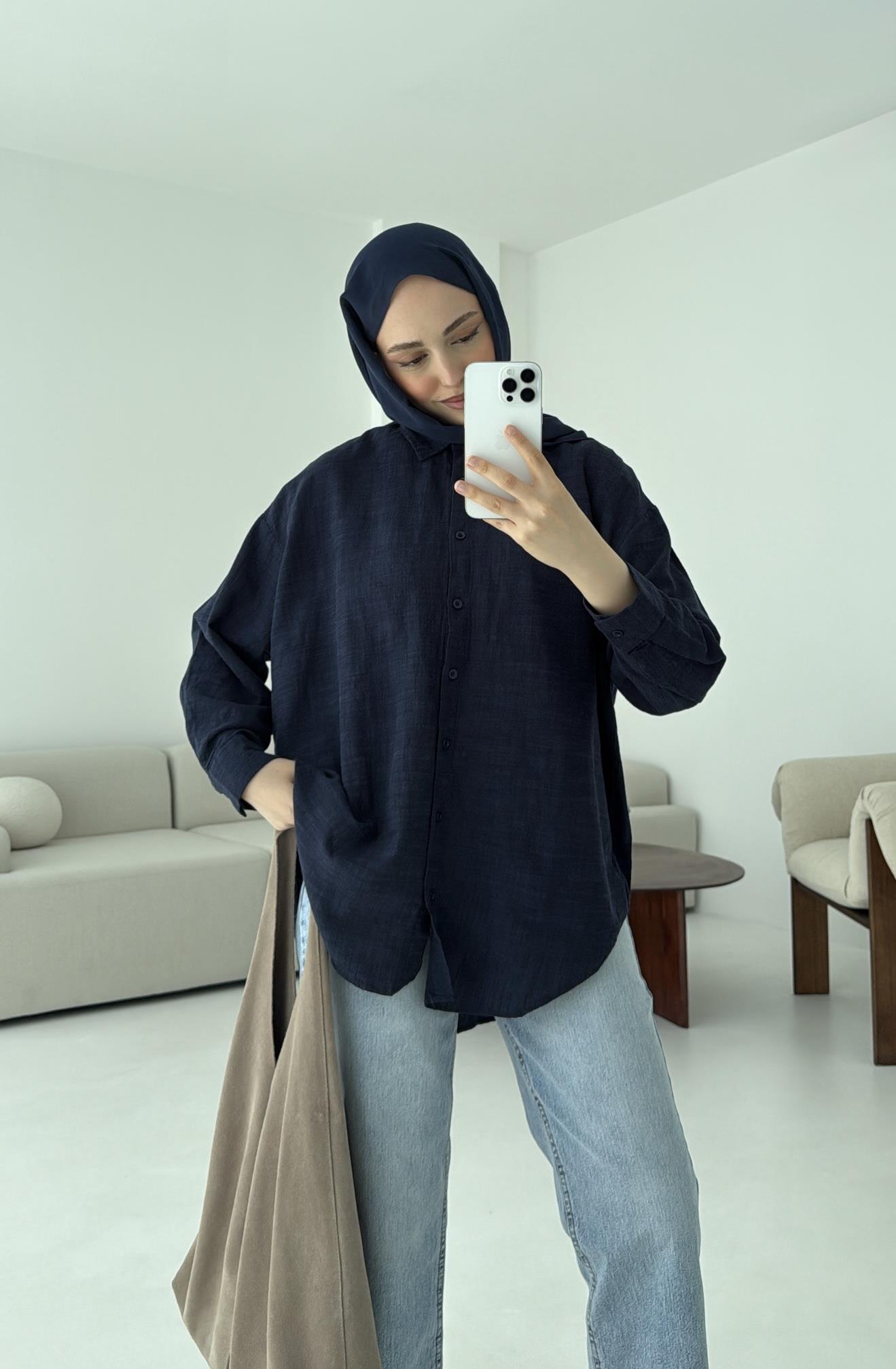 Lacivert Keten Gömlek