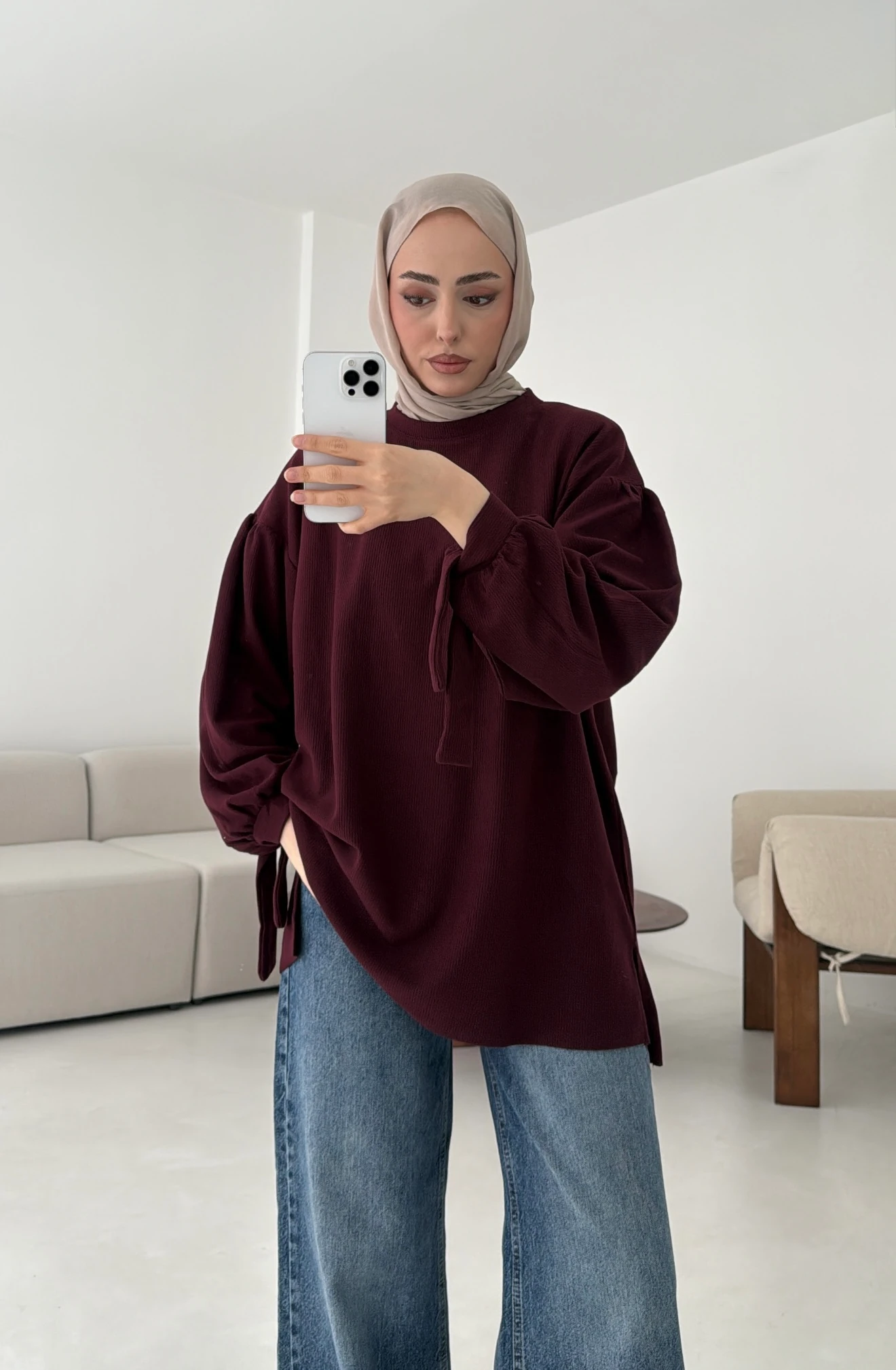 Selanik Balon Kol Bagcıklı Sweat Bordo