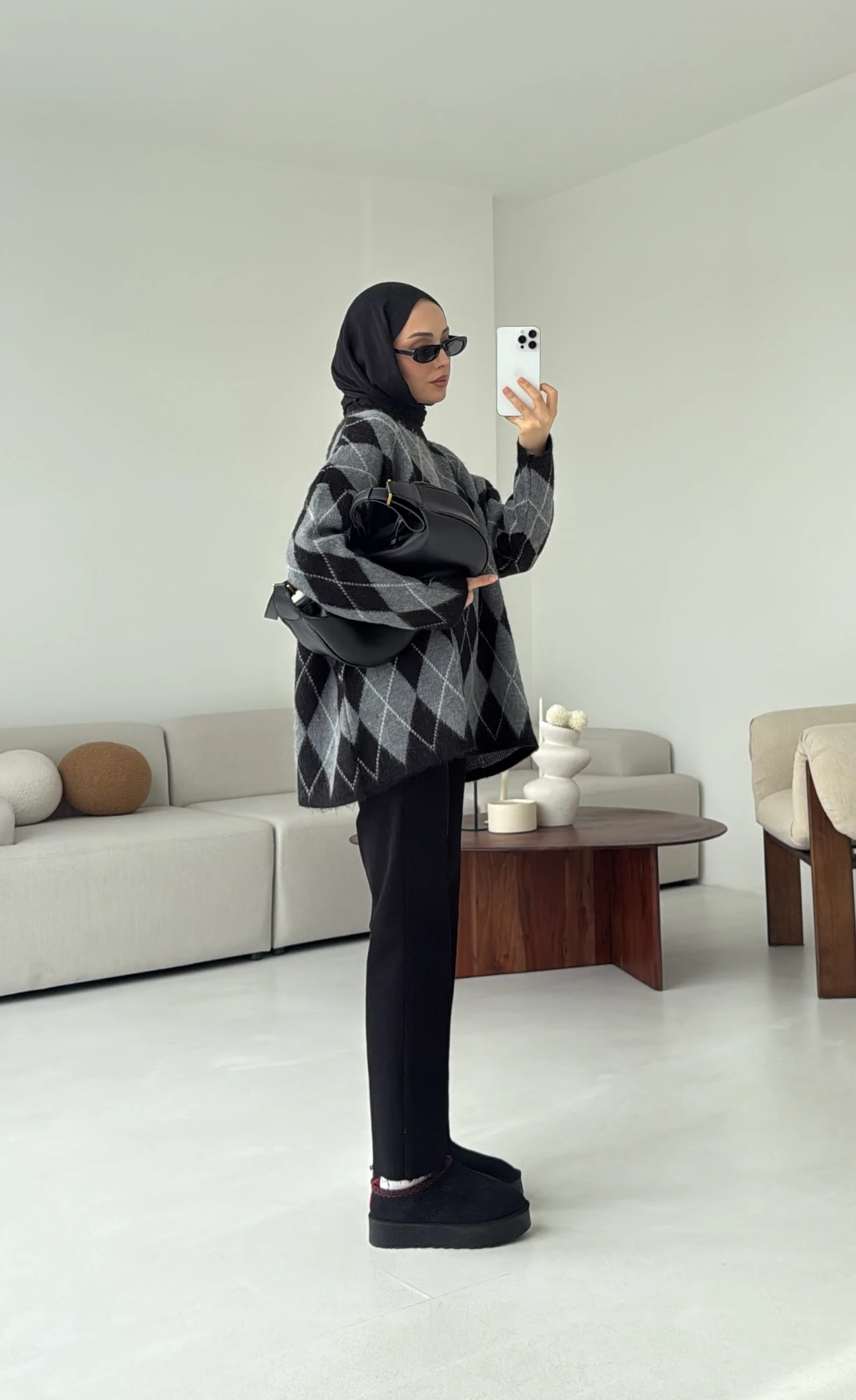 Premium Desenli Kalın Kazak Gri/Siyah