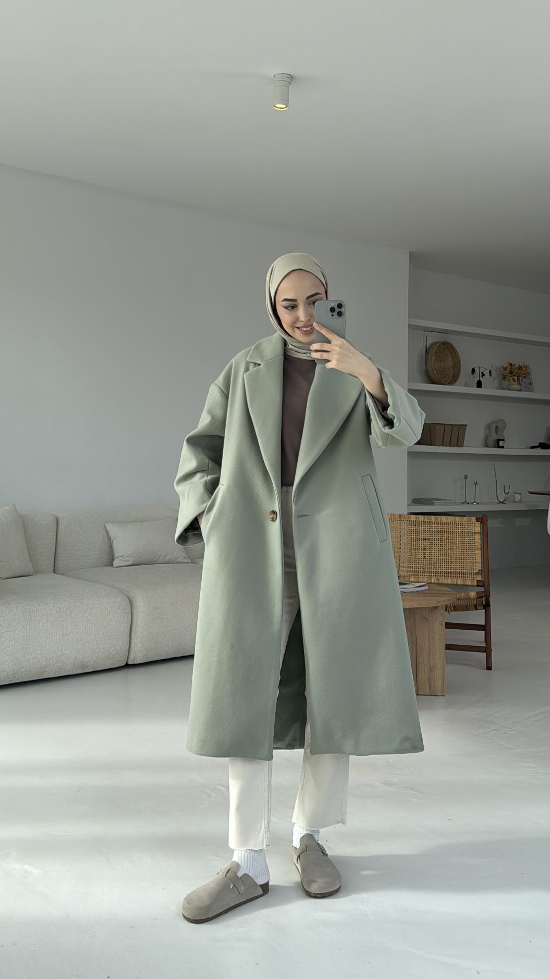 Premium Kaşe Kaban Mint Yeşili