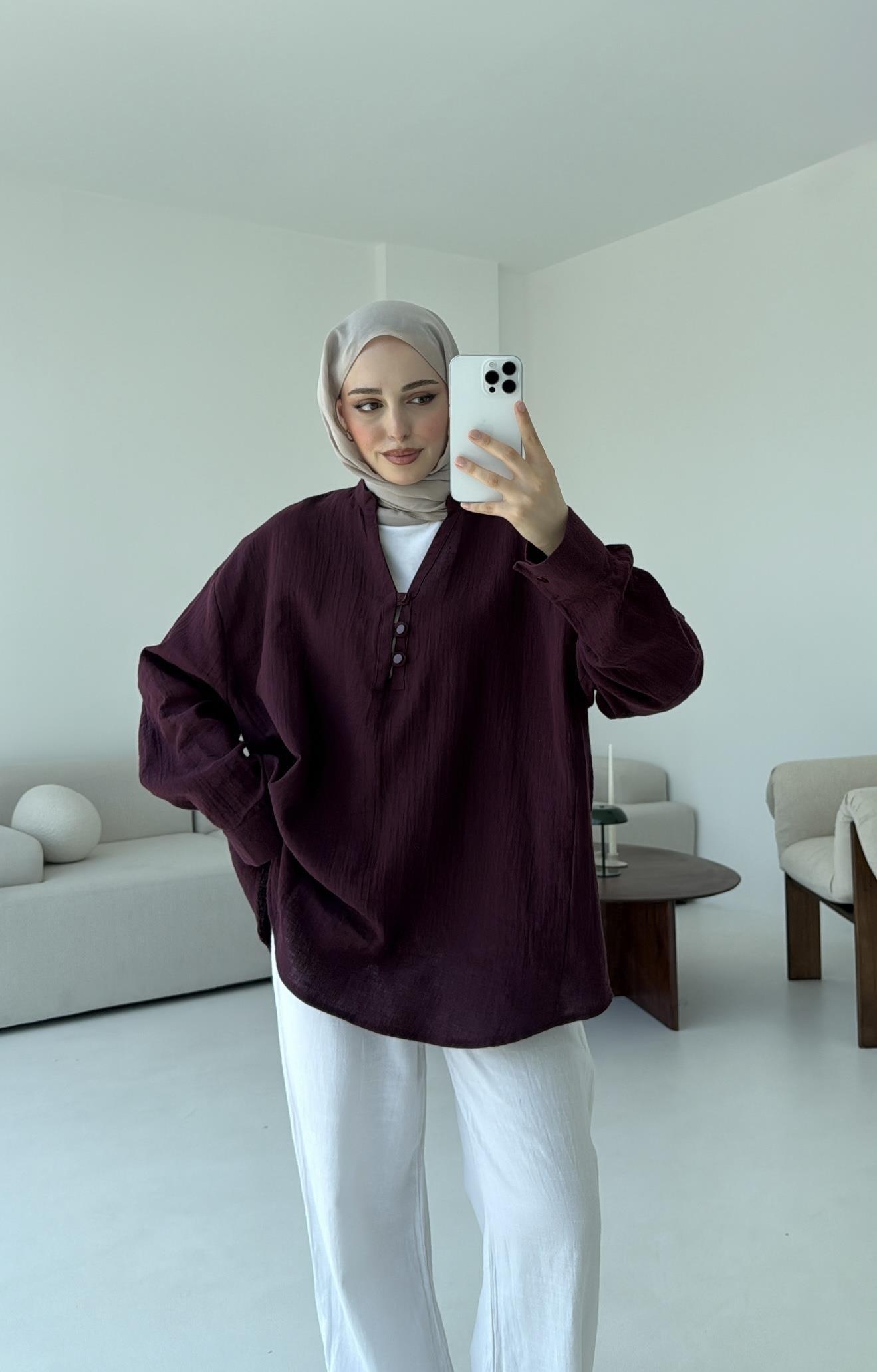 Müslin Düğmeli Gömlek Bordo