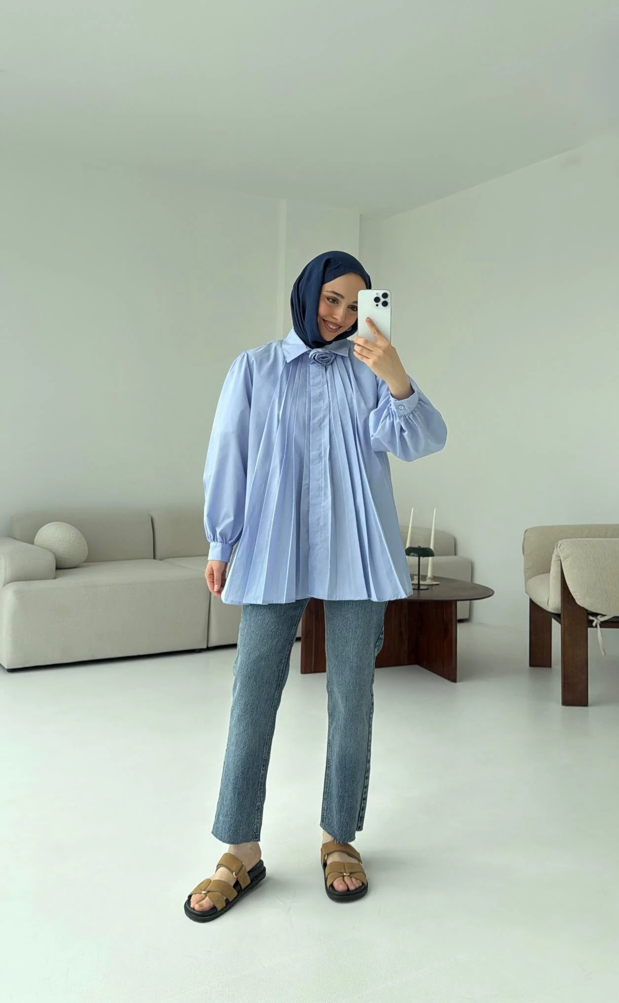 Pile Detay Gömlek Mavi