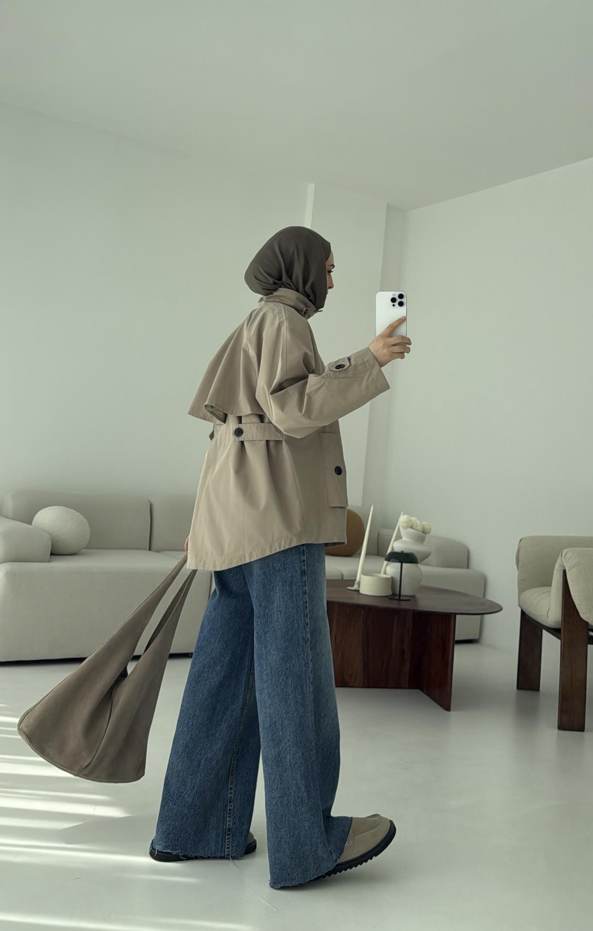 Minimal Yakalı Trençkot Vizon