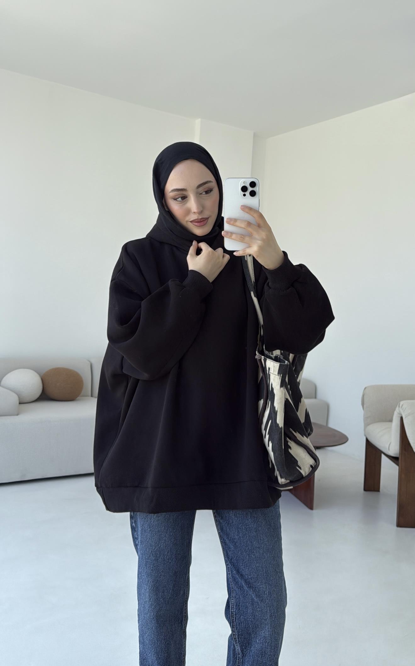 Kapüşonlu Oversize Şardonlu Sweatshirt Siyah