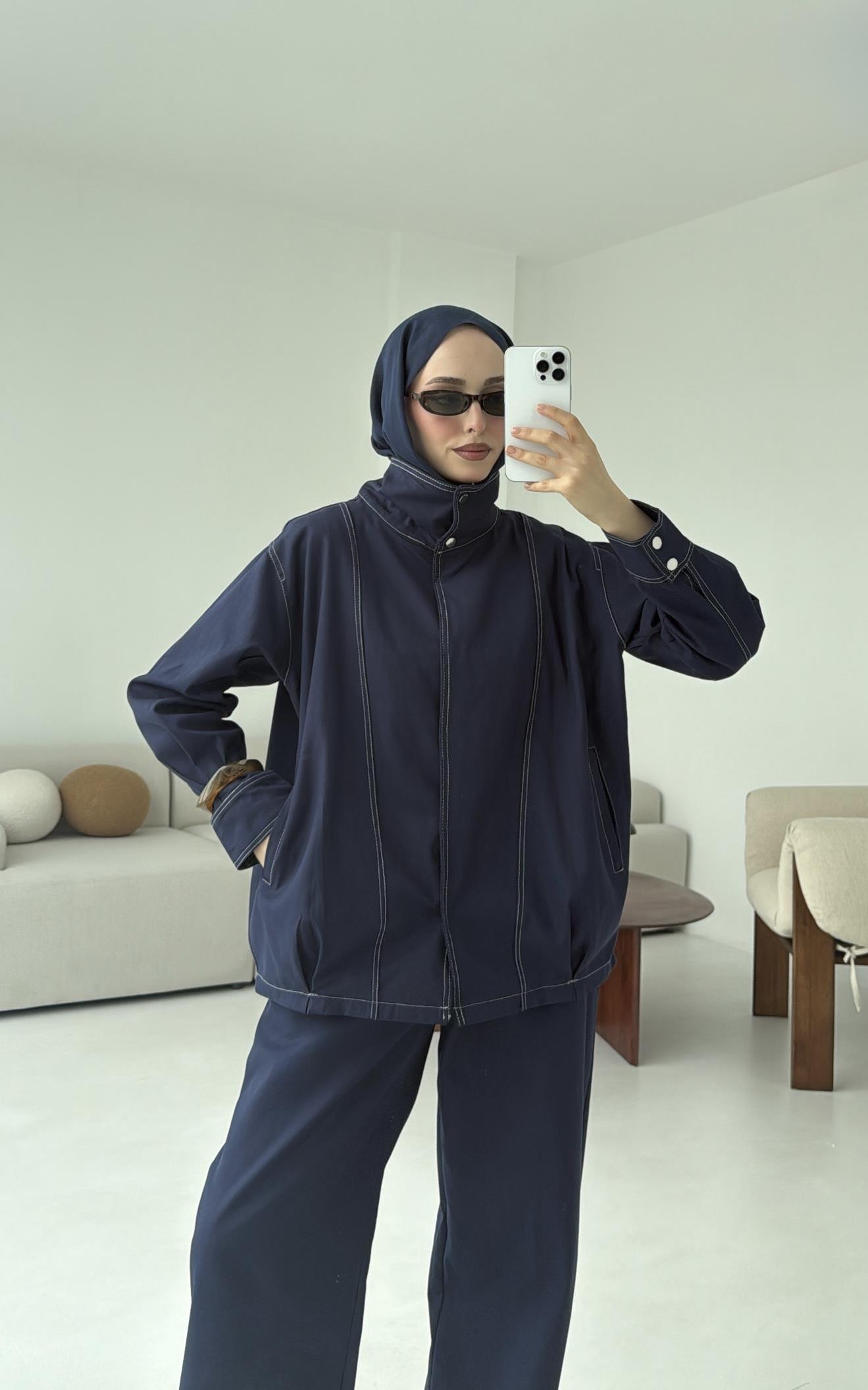 Kontrast Dikişli Gabardin Takım Lacivert