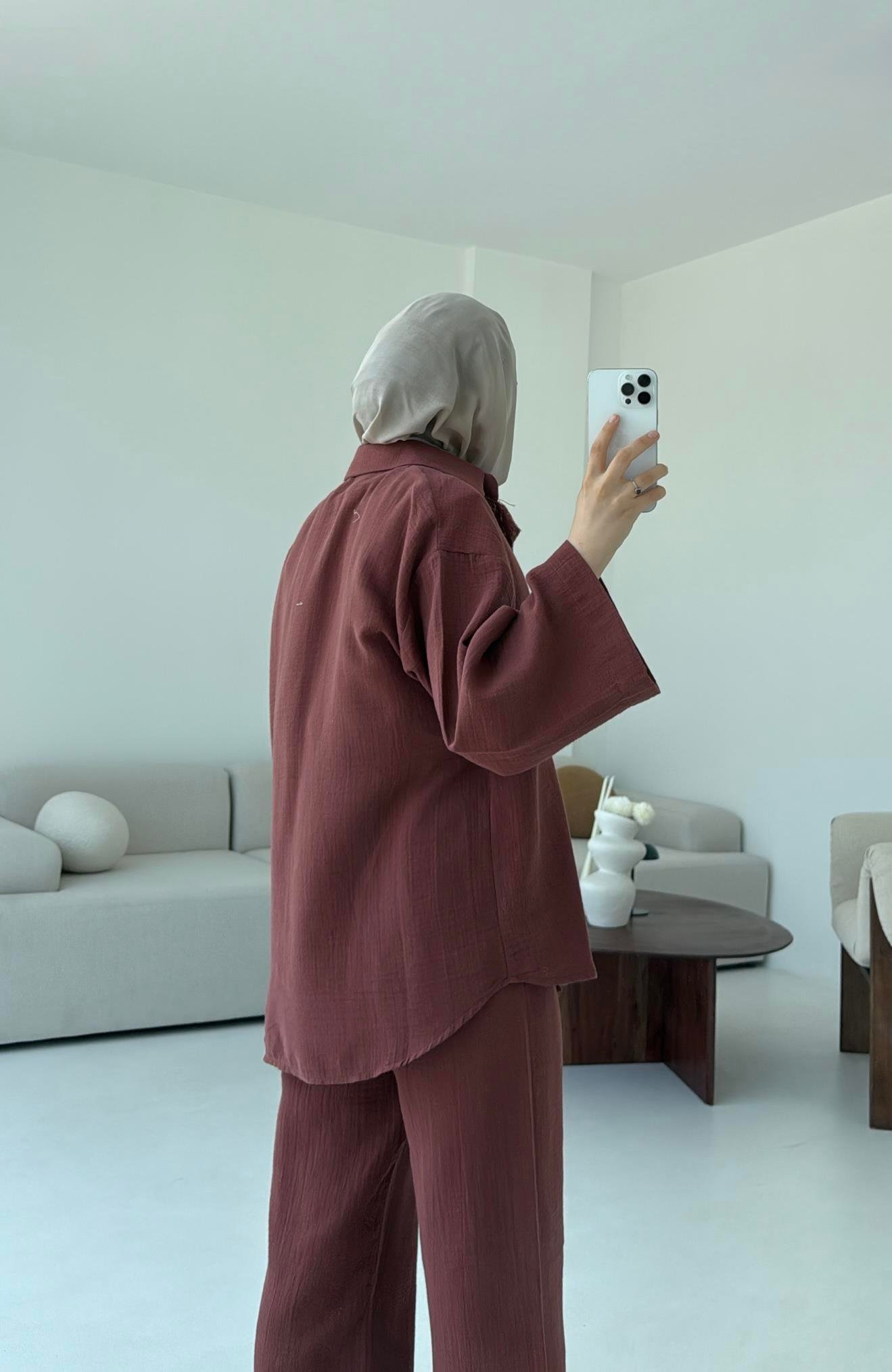 Müslin Düğmeli Kimono Takım Kiremit