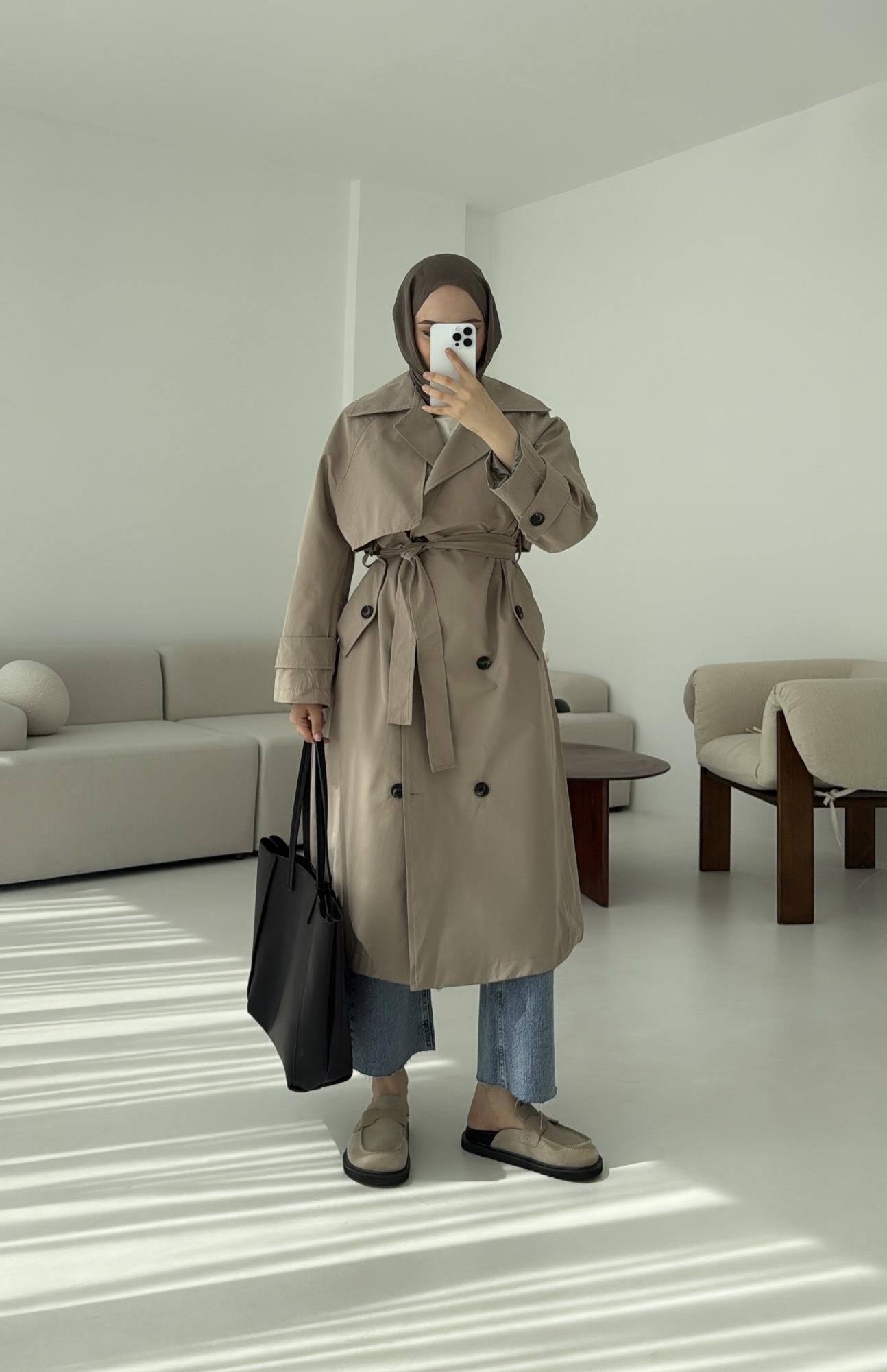 Kuşaklı Premium Trençkot Vizon