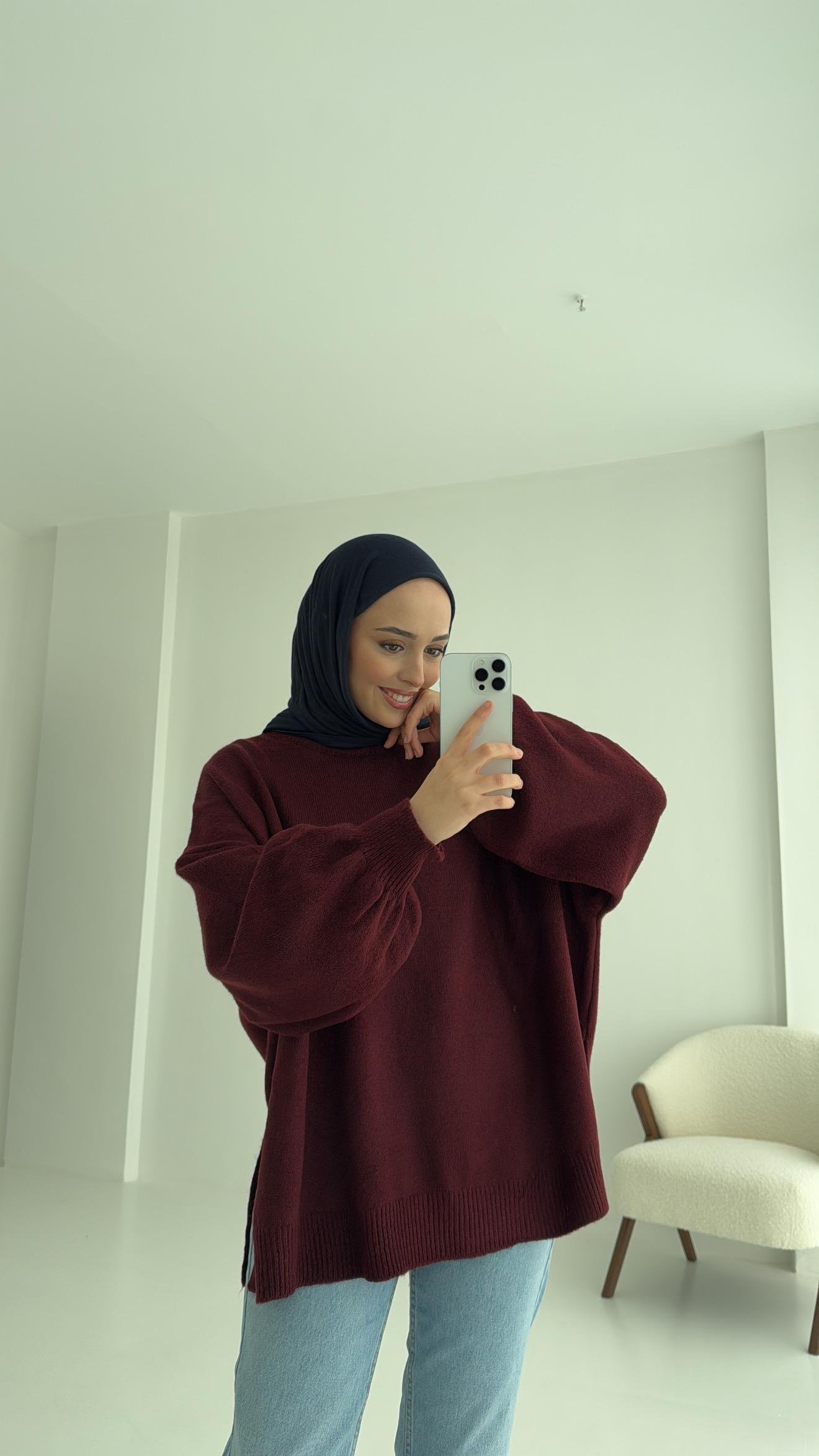 Yırtmaç Detay Balon Kol Triko Bordo