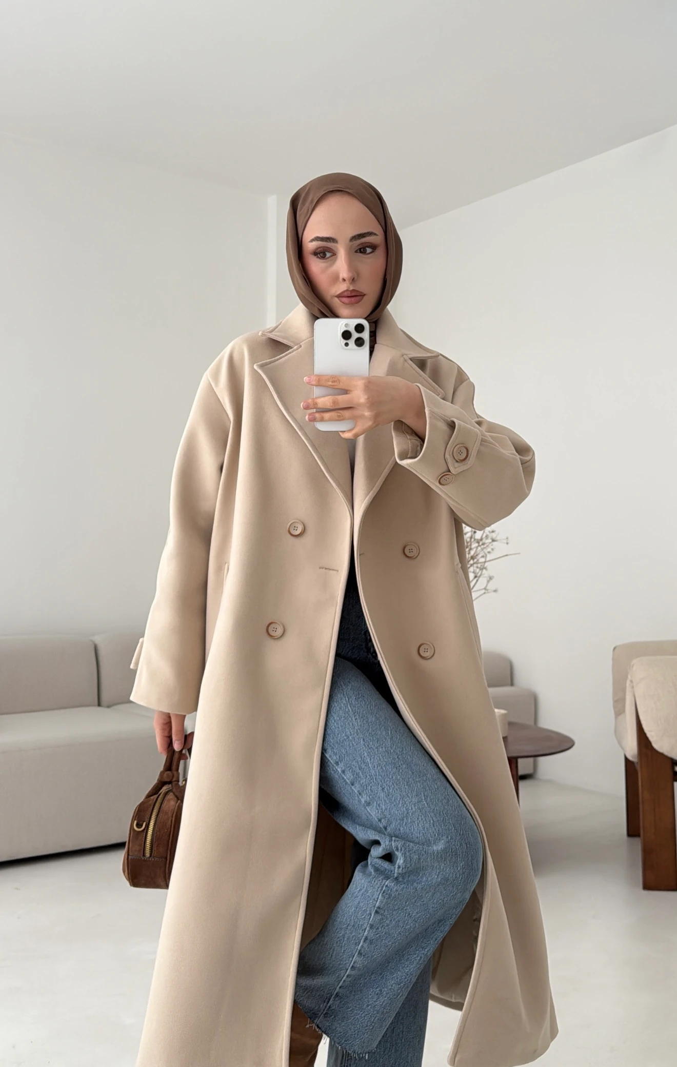  Çift Düğmeli Uzun Kaban Bej