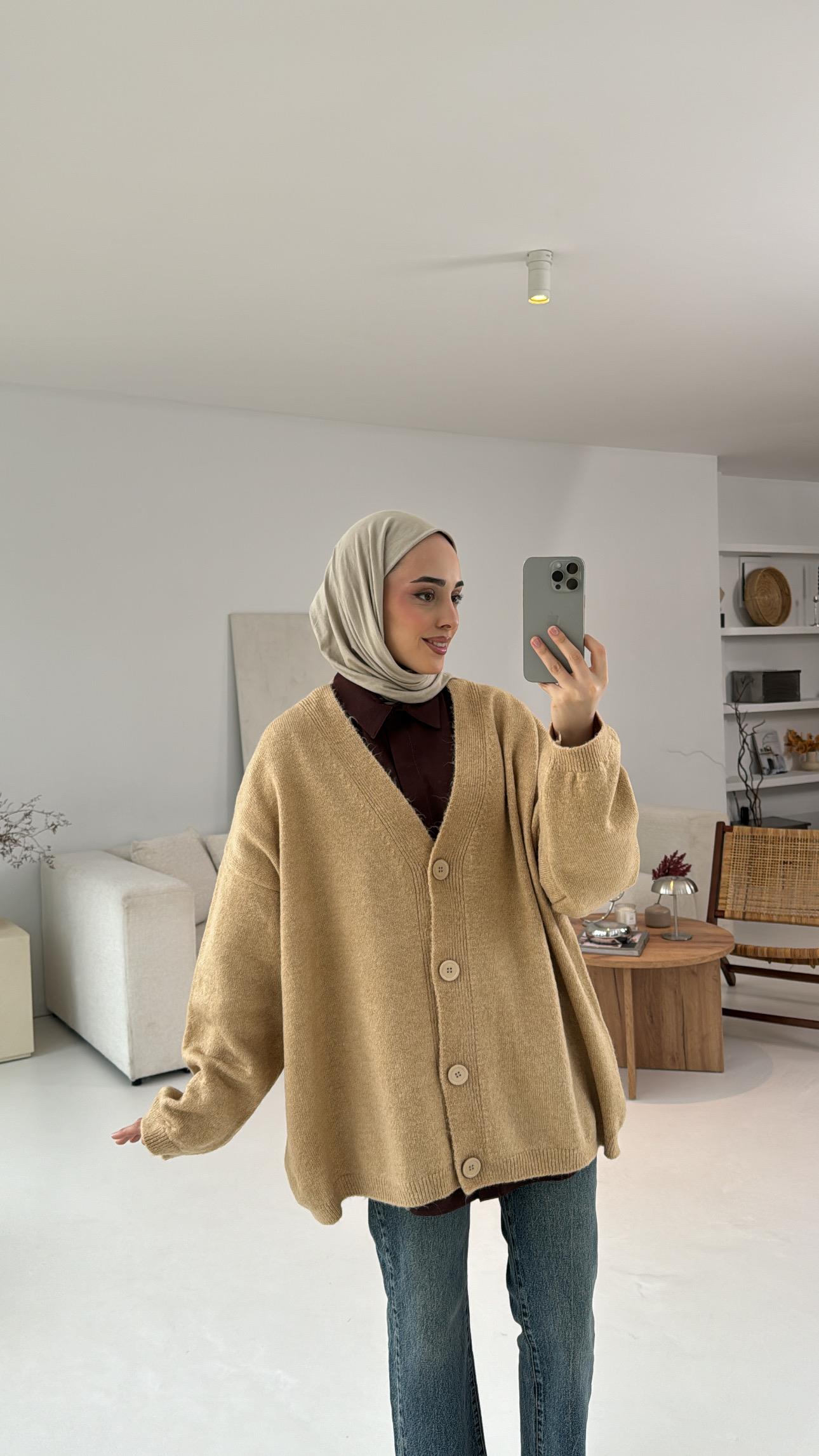 Oversize Yünlü Triko Hırka Vizon