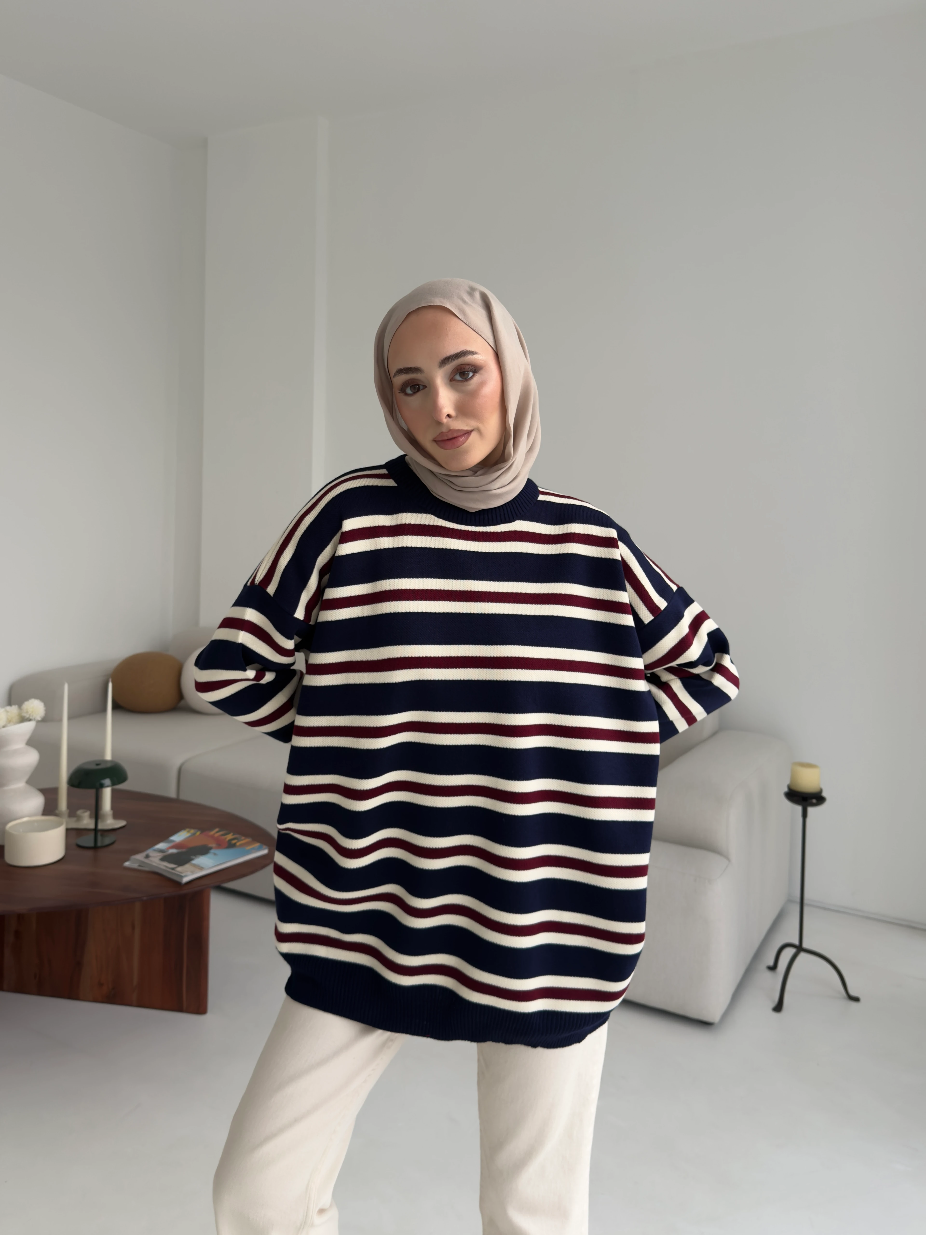 Bisiklet Yaka Çizgili Uzun Triko Kazak Lacivert