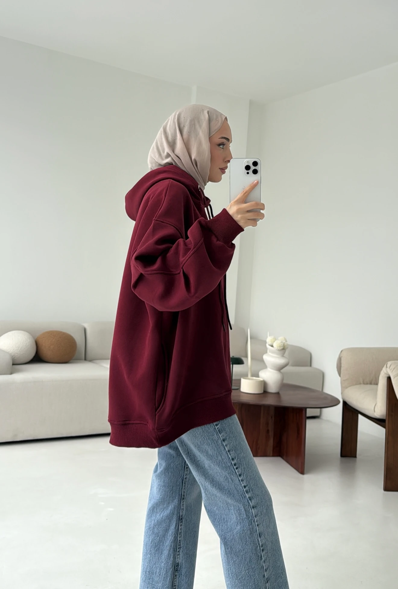 Kolu Pile Detay Oversize Sweatshirt Bordo