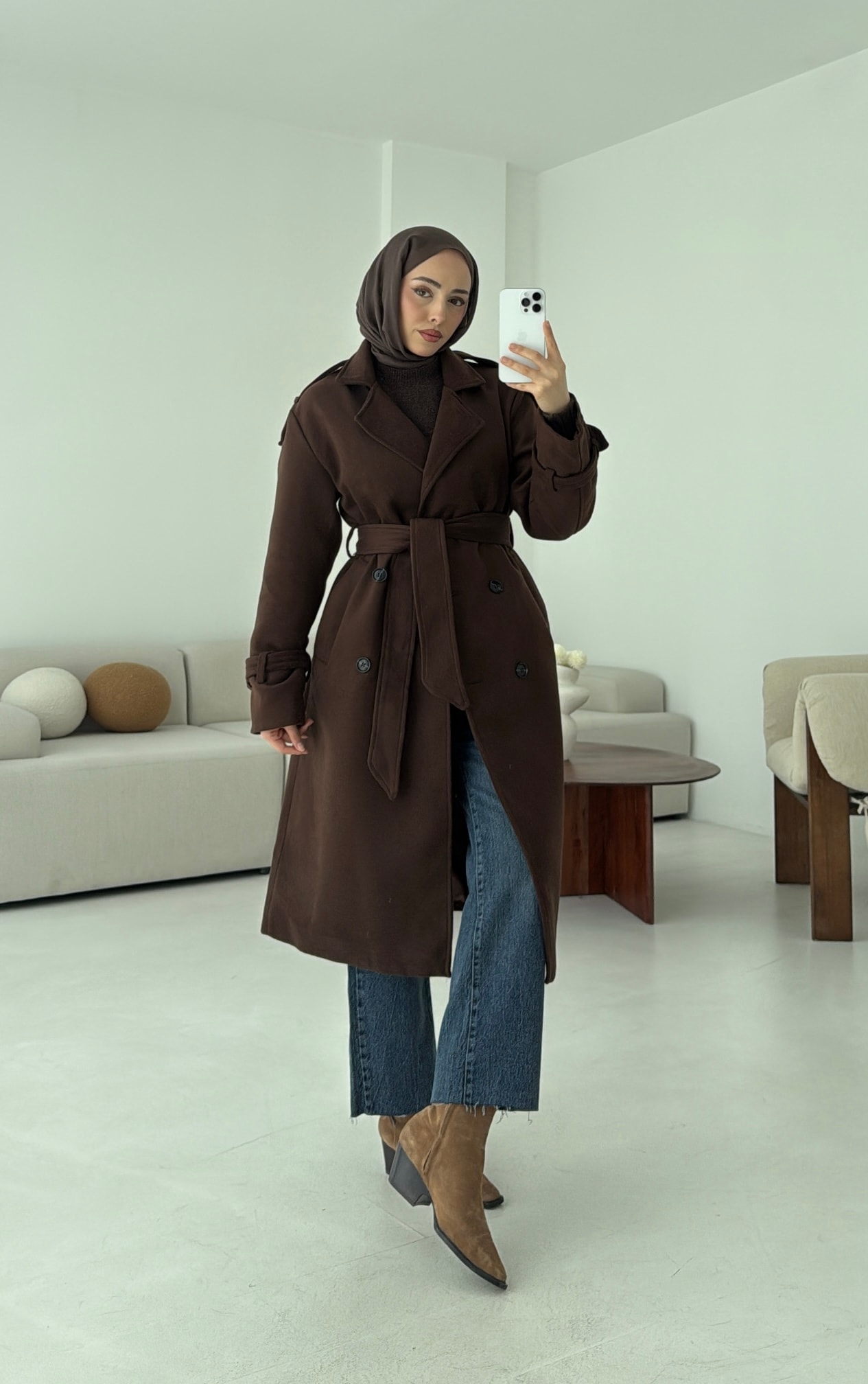 Premium Uzun Kaşe Kaban Kahve