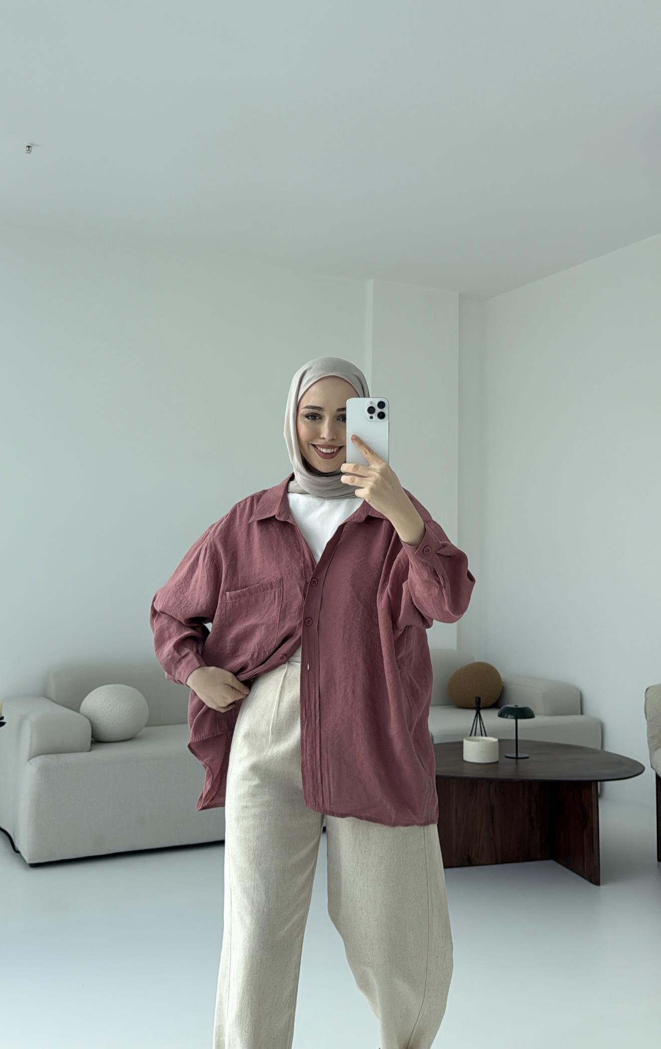 Düşük Omuz Oversize Gömlek Gül Kurusu