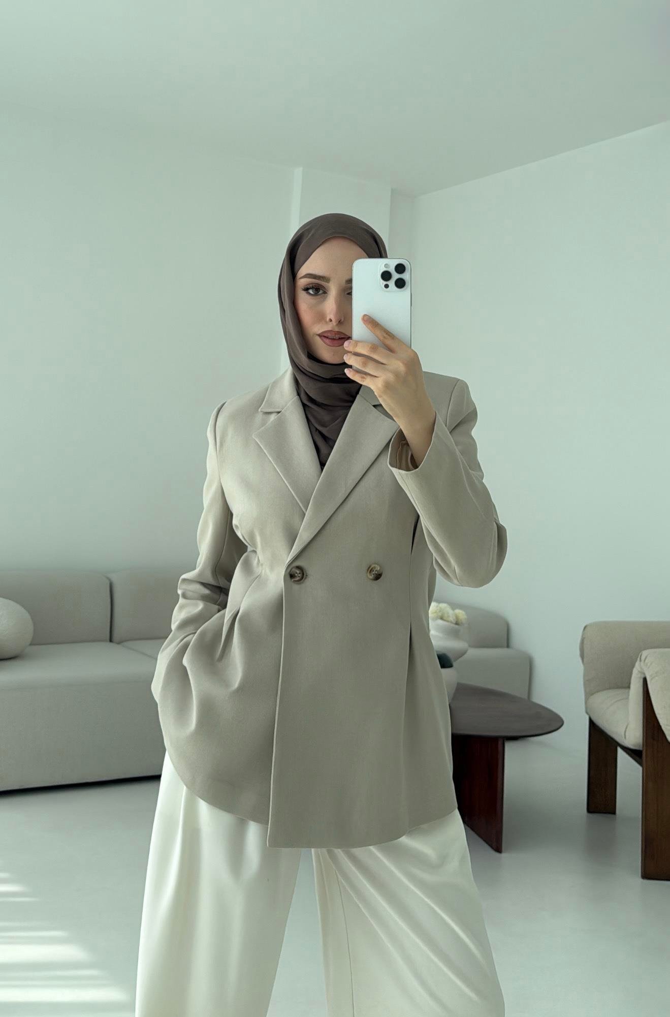 Pile Detay Blazer Ceket Taş