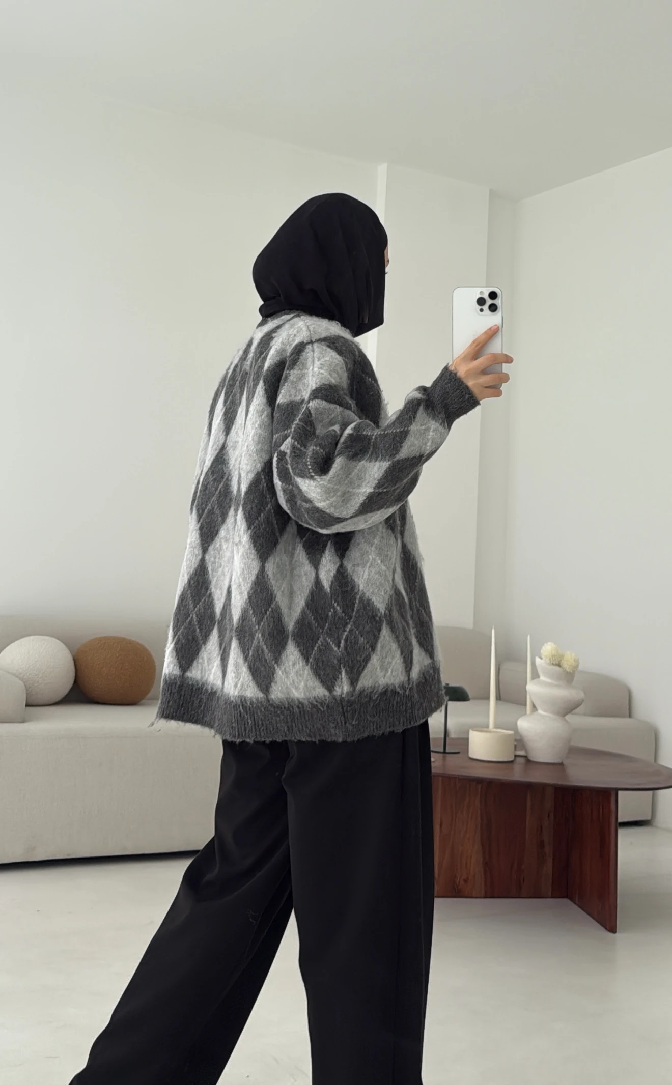 Baklava Desen Şardonlu Kazak Gri