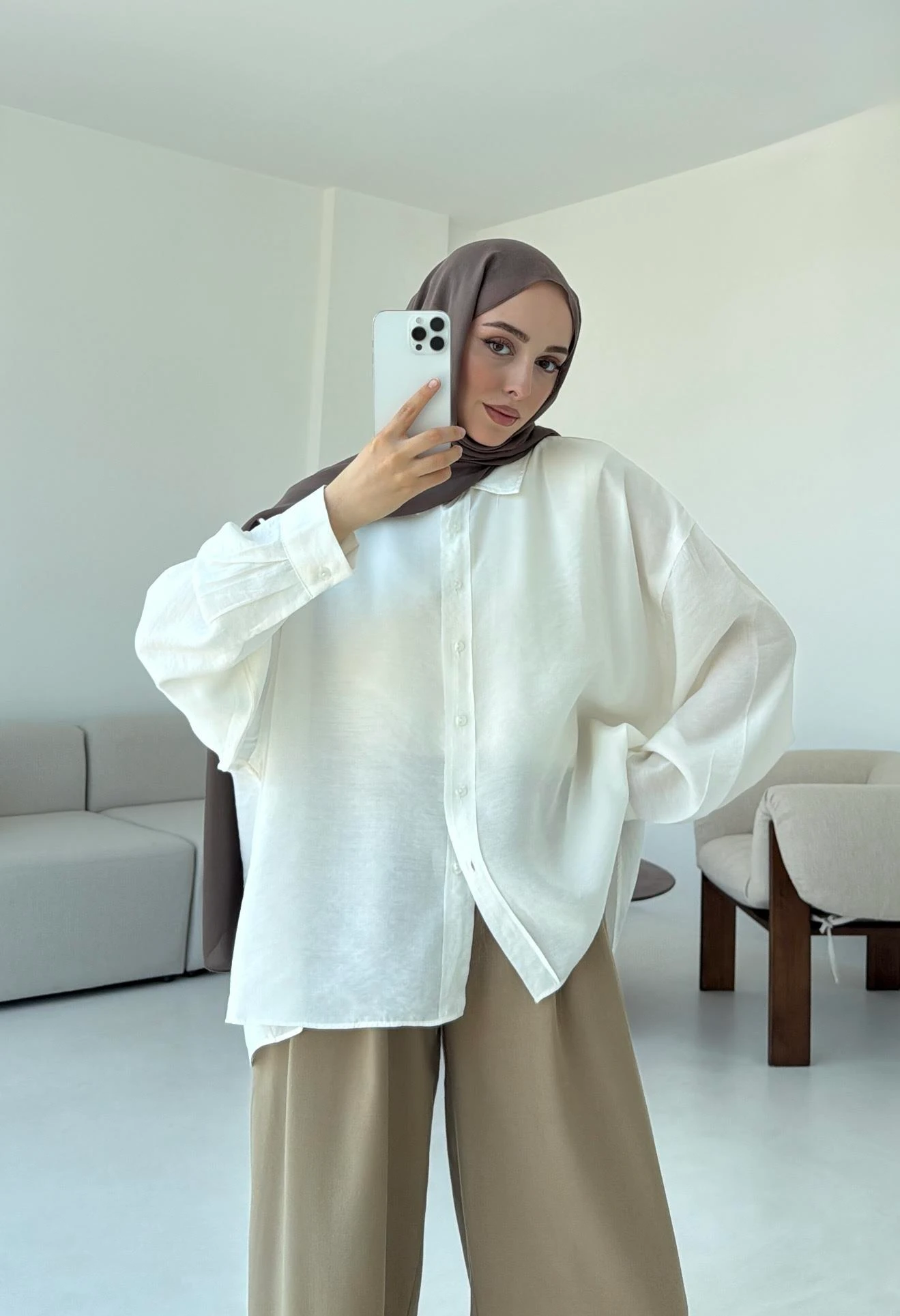 Tencel Pis Dikiş Oversize Beyaz Gömlek