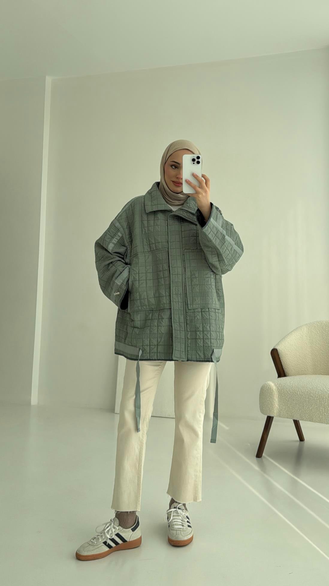 Kapitone Oversize Kol Detay Ceket Yeşil