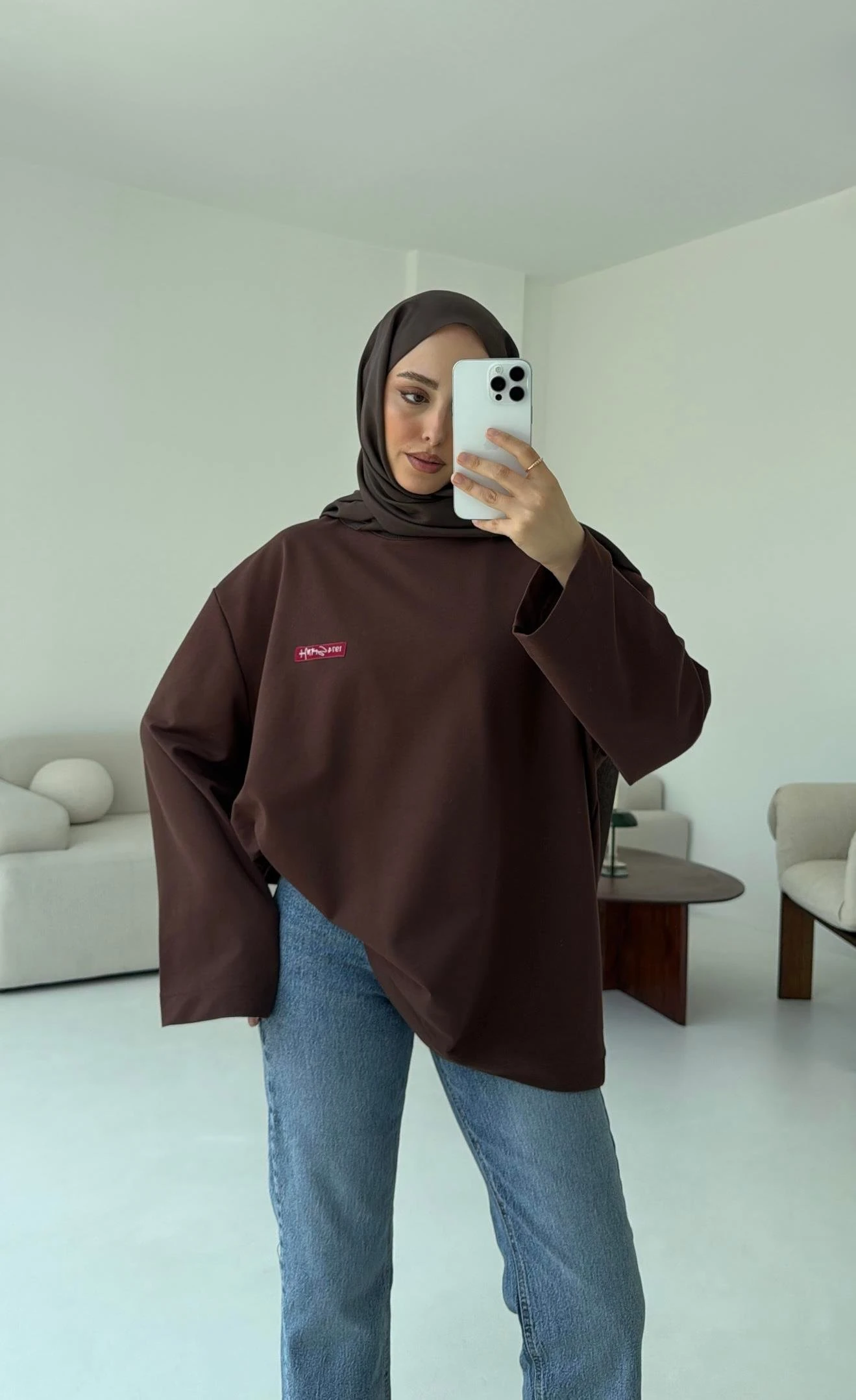 Etiket Baskılı  Sweatshirt Kahve