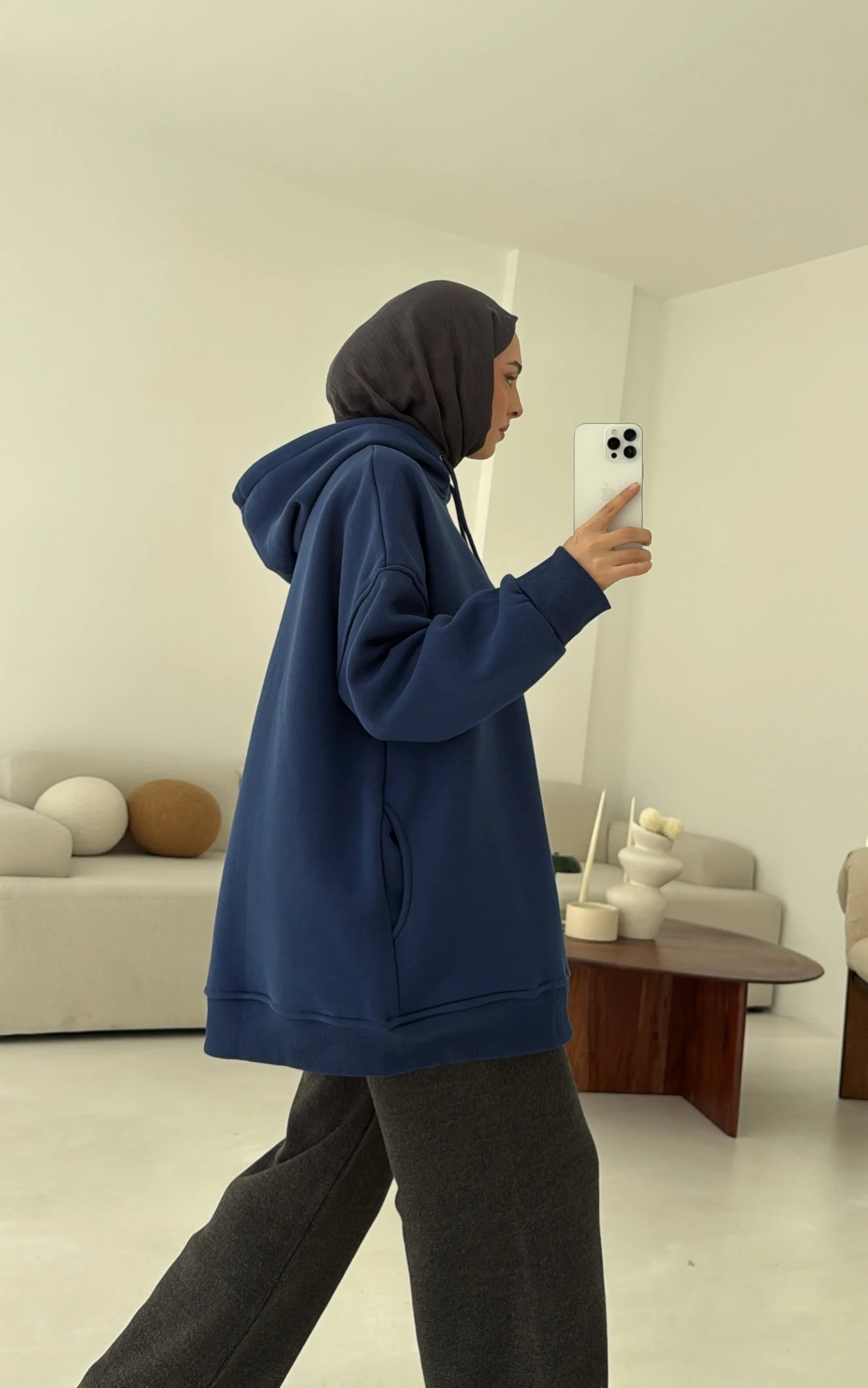 Gizli Cep Şardonlu Sweatshirt Mavi