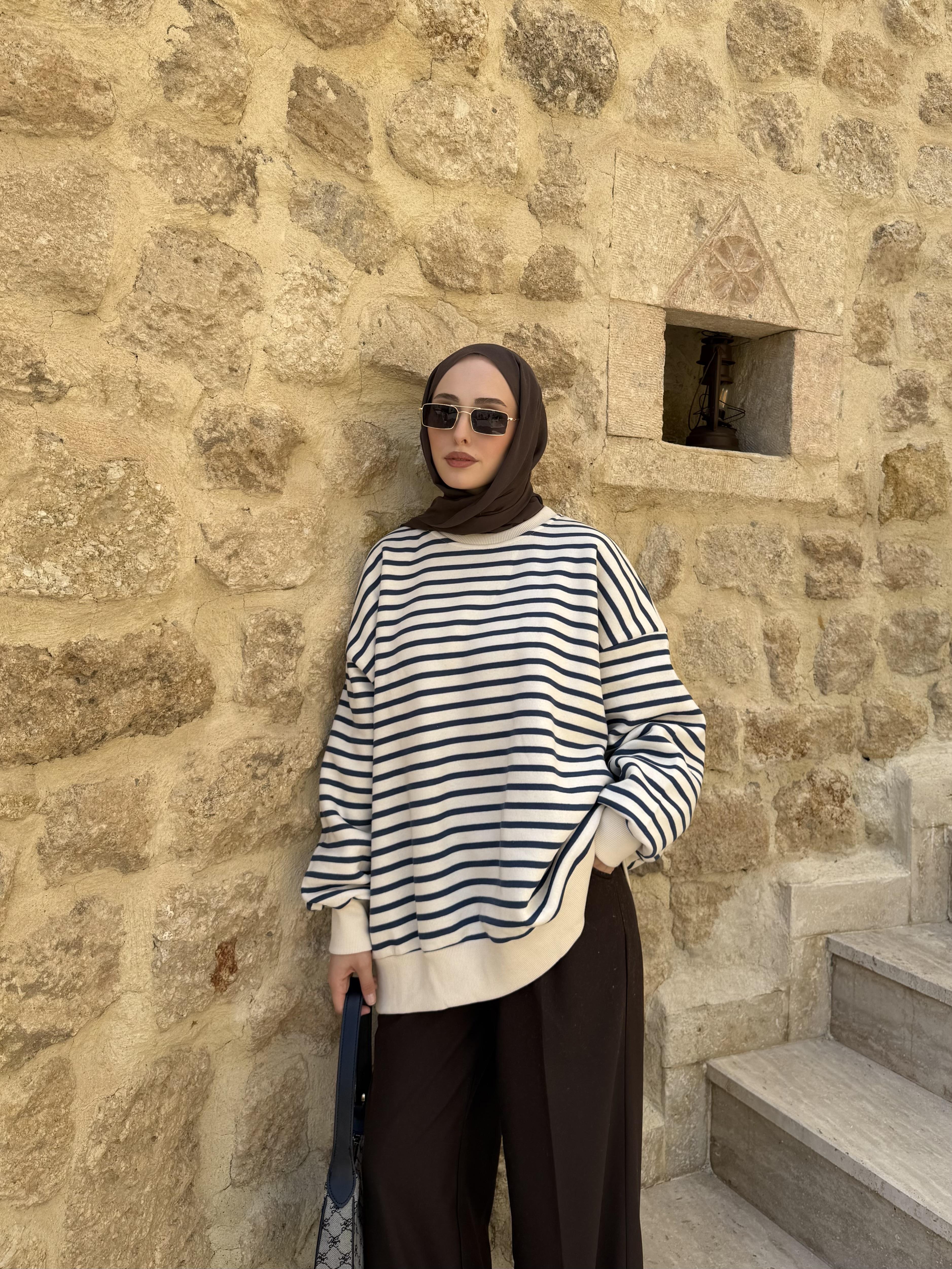 Çizgili Oversize Sweatshirt Lacivert