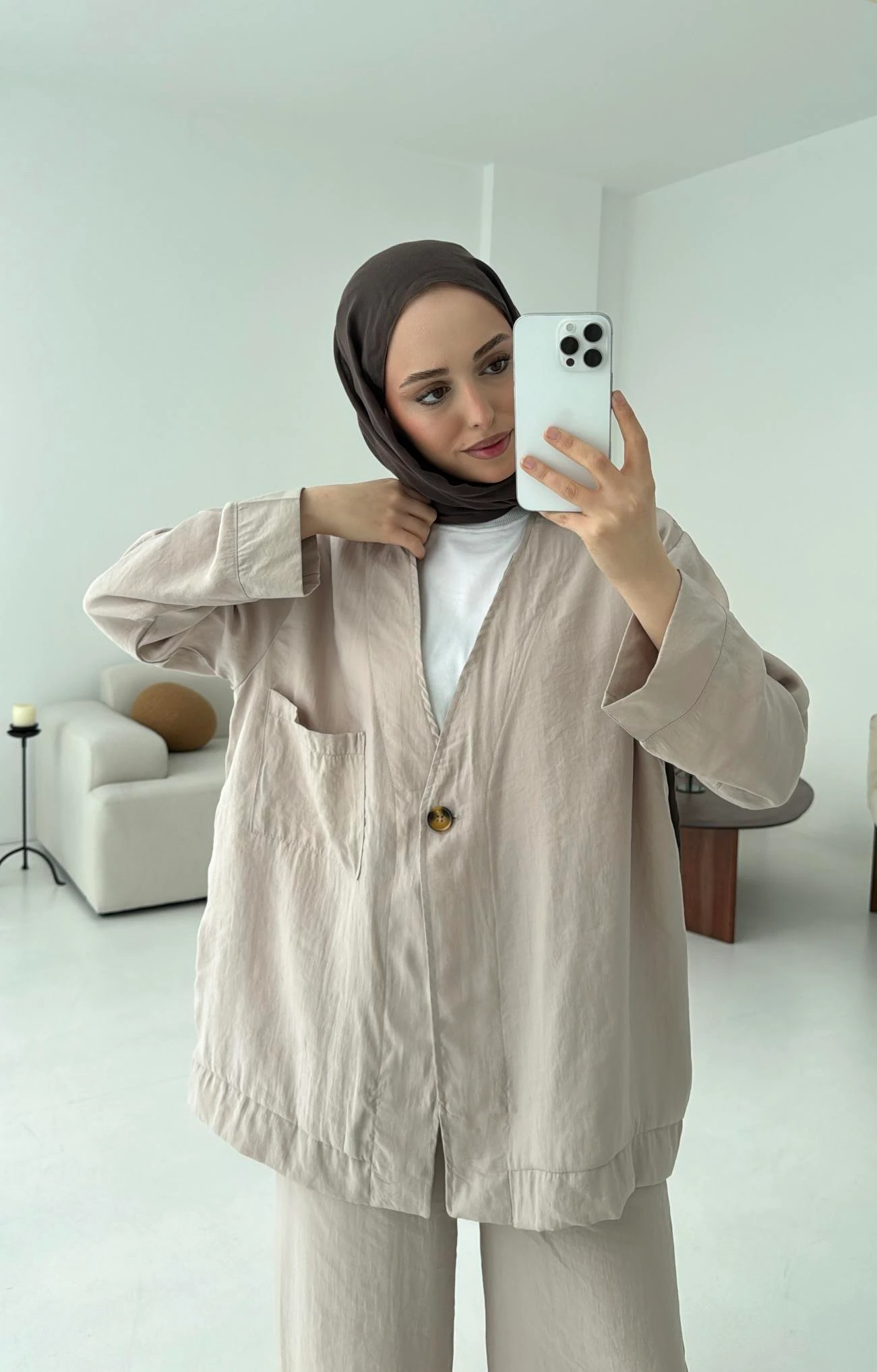 Tek Düğme Cepli Takım Bej