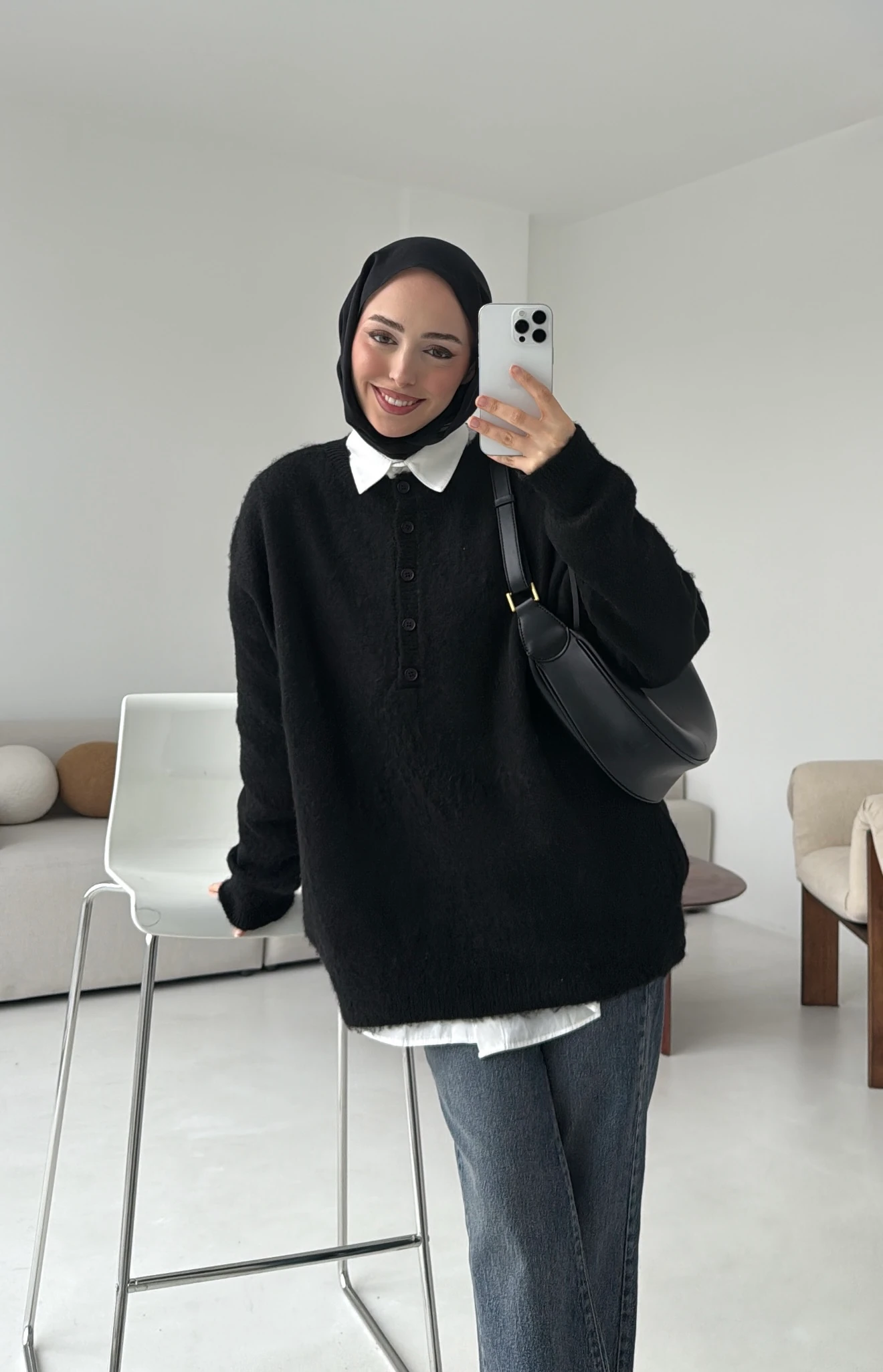 Yarım Dügmeli Triko Kazak Siyah