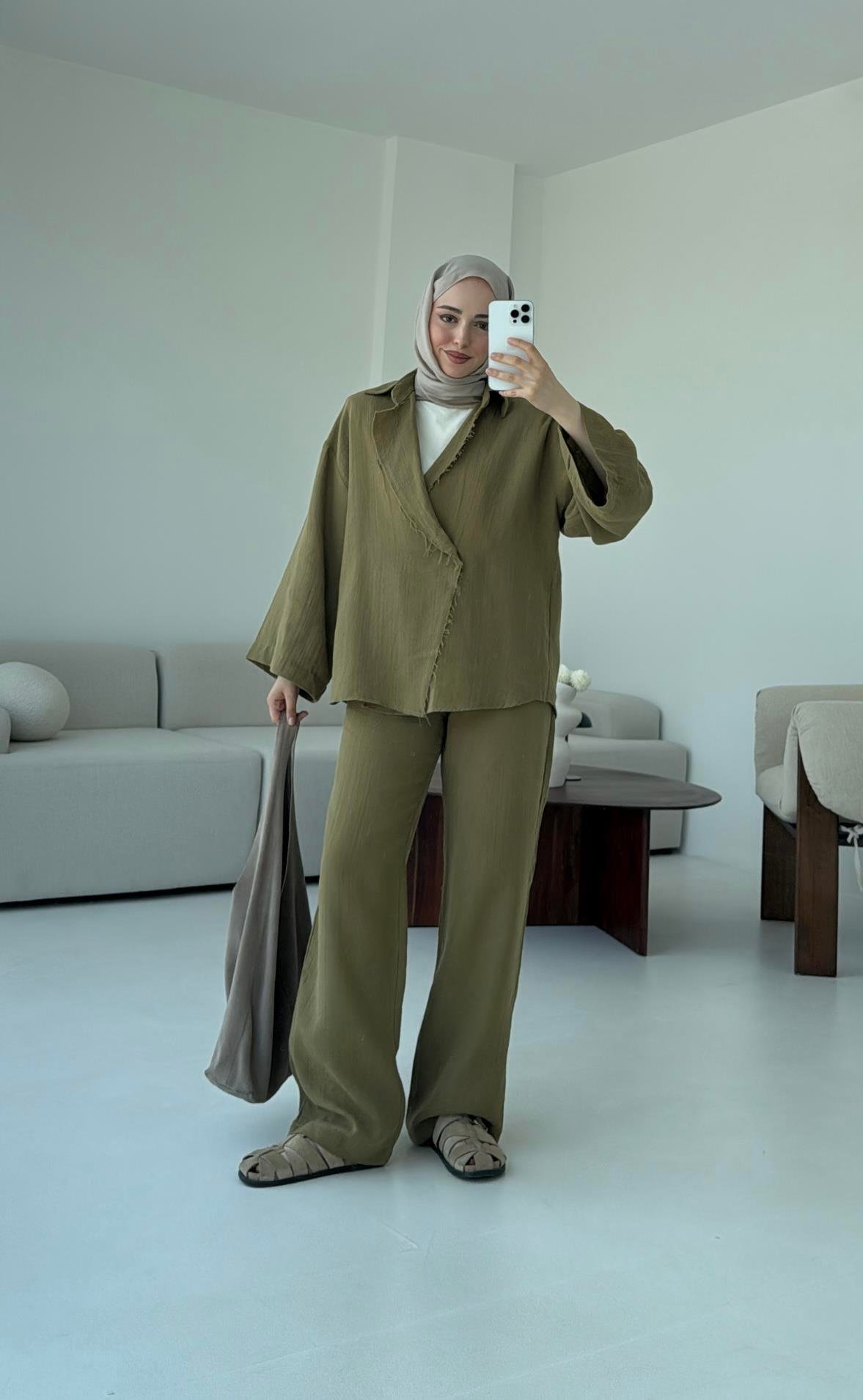 Müslin Düğmeli Kimono Takım Yeşil