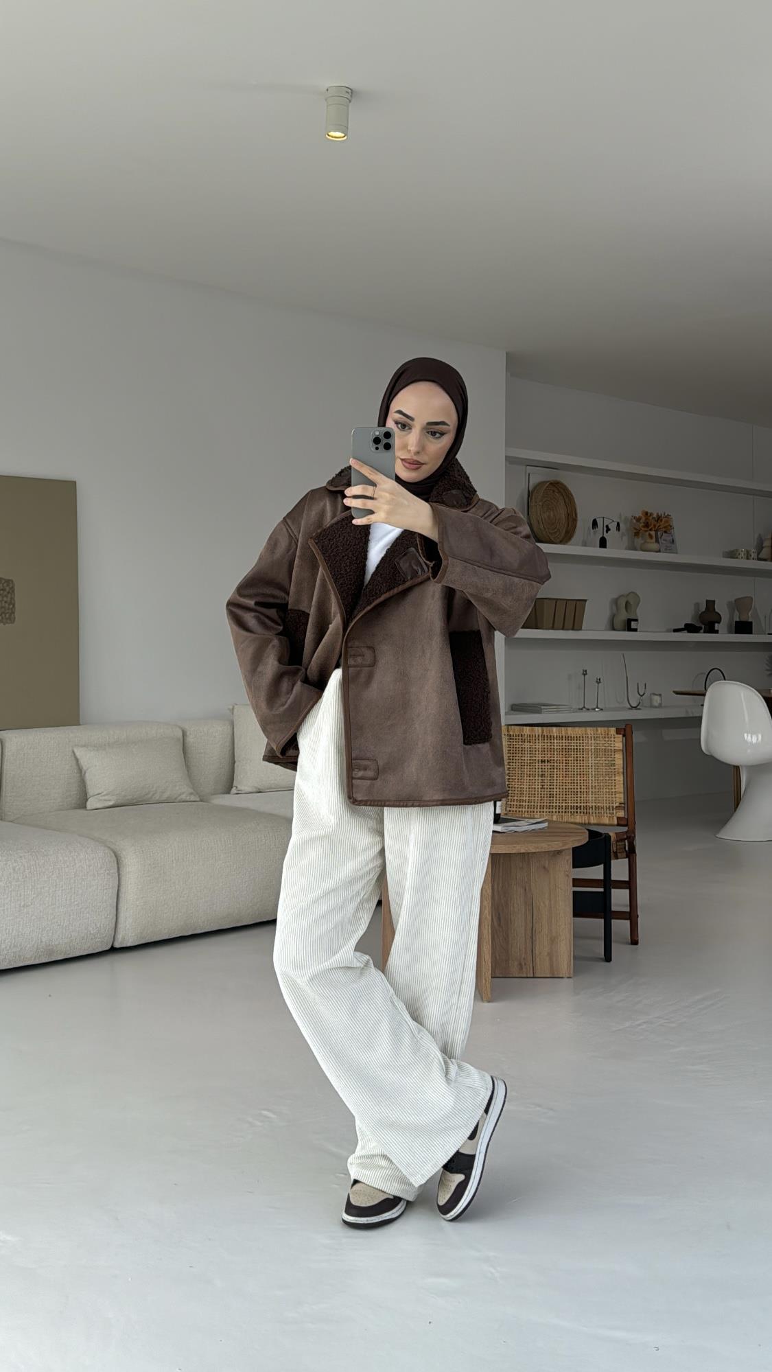 Oversize İçi Kürklü Kaban Kahve