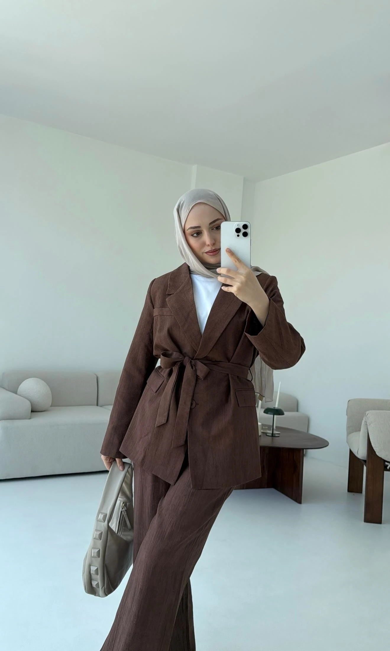 Kemerli Ceket Beli Lastikli Pantolon Takım  Kahve