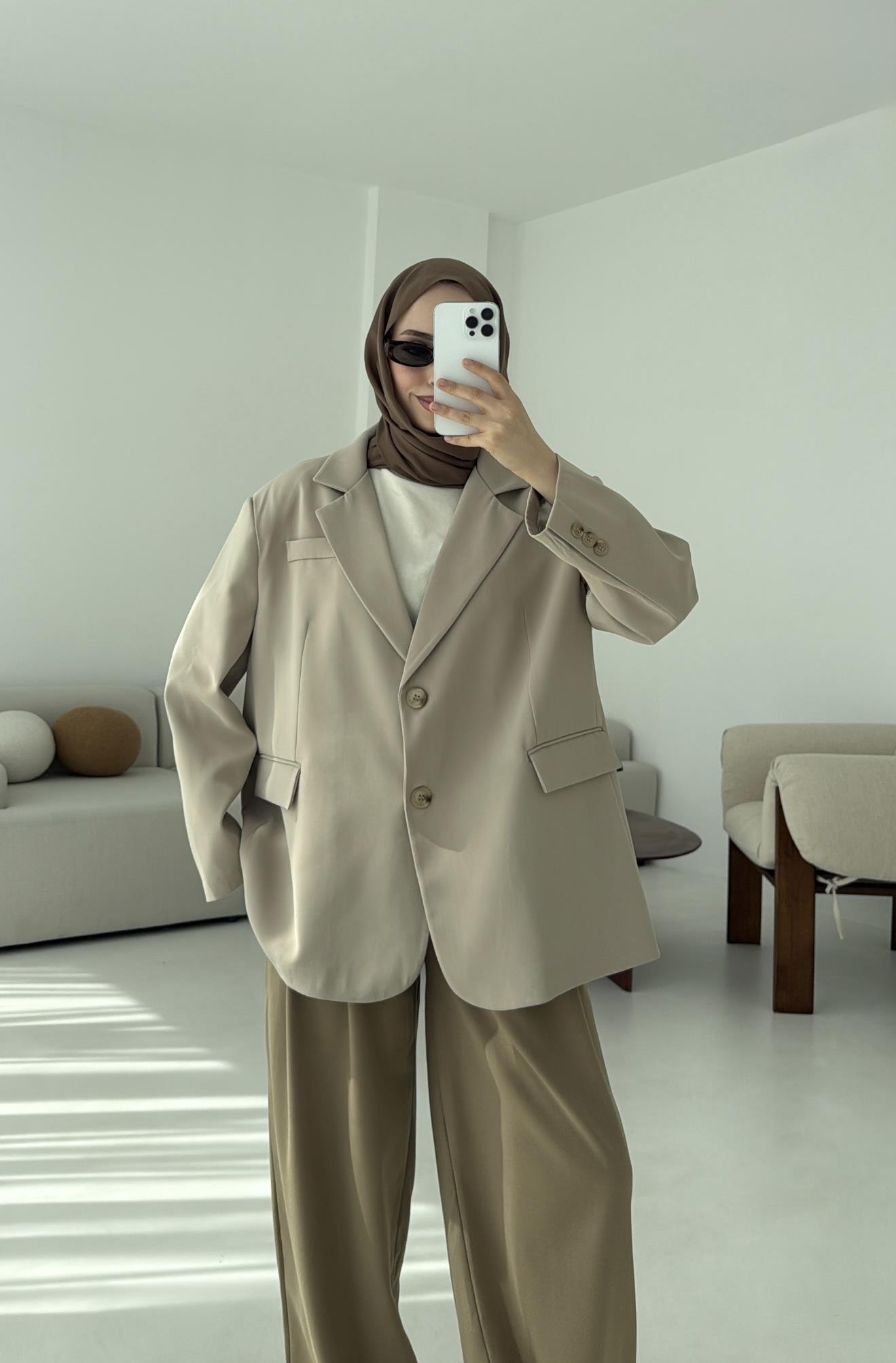 Çift Dügmeli Oversize Blazer Ceket Taş