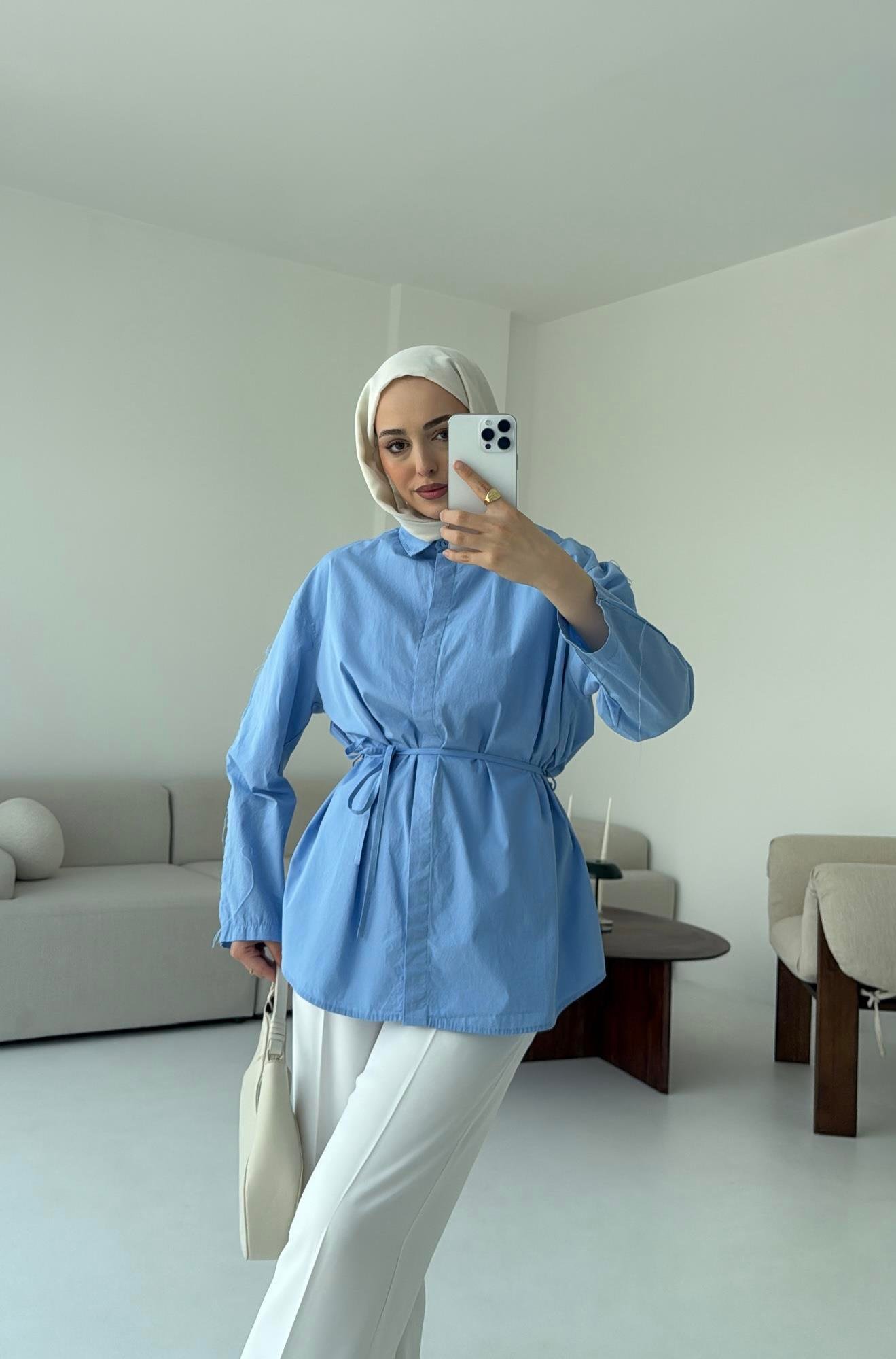 Kolları Pis Dikiş Kemerli Gömlek Bebe Mavi