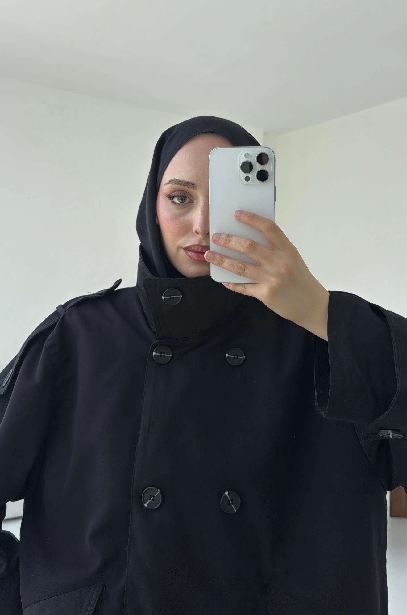 Omuz Apaletli Trençkot Siyah