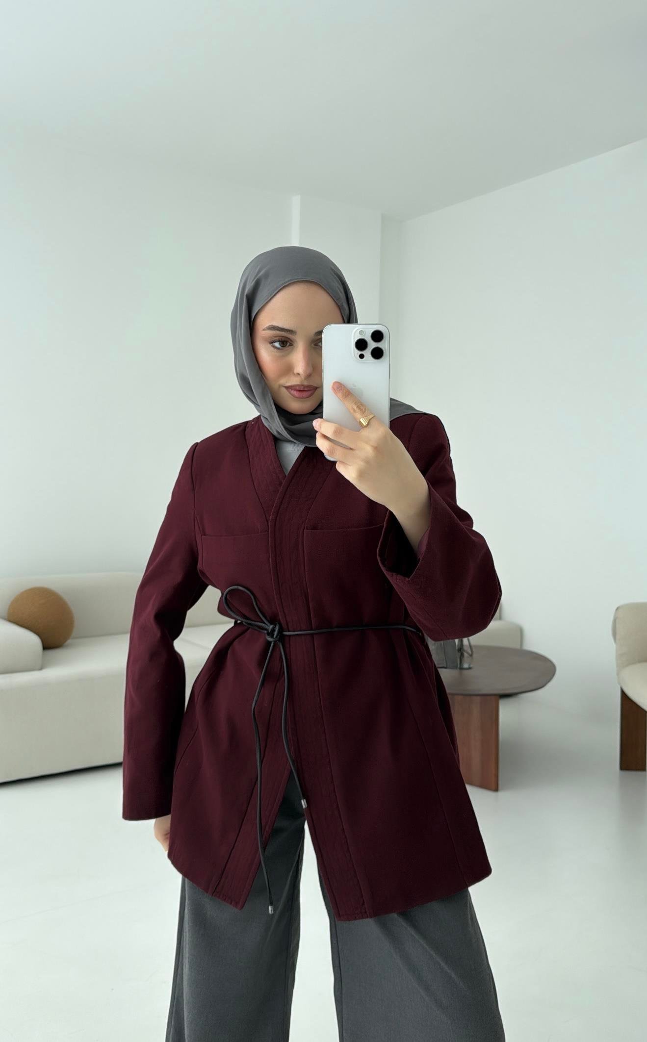 Gabardin Kemerli Ceket Bordo