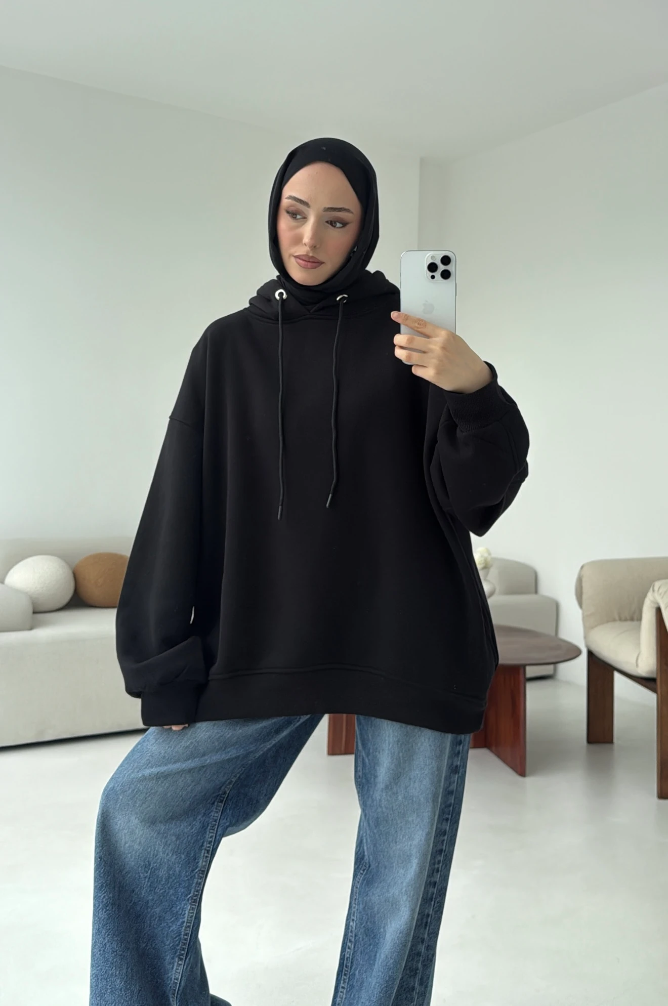 Kolu Pile Detay Oversize Sweatshirt Siyah